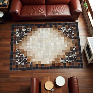 Üç Renkli Patchwork Halı – Kahverengi Ağırlıklı El Yapımı Dana Derisi Halı – görsel 3