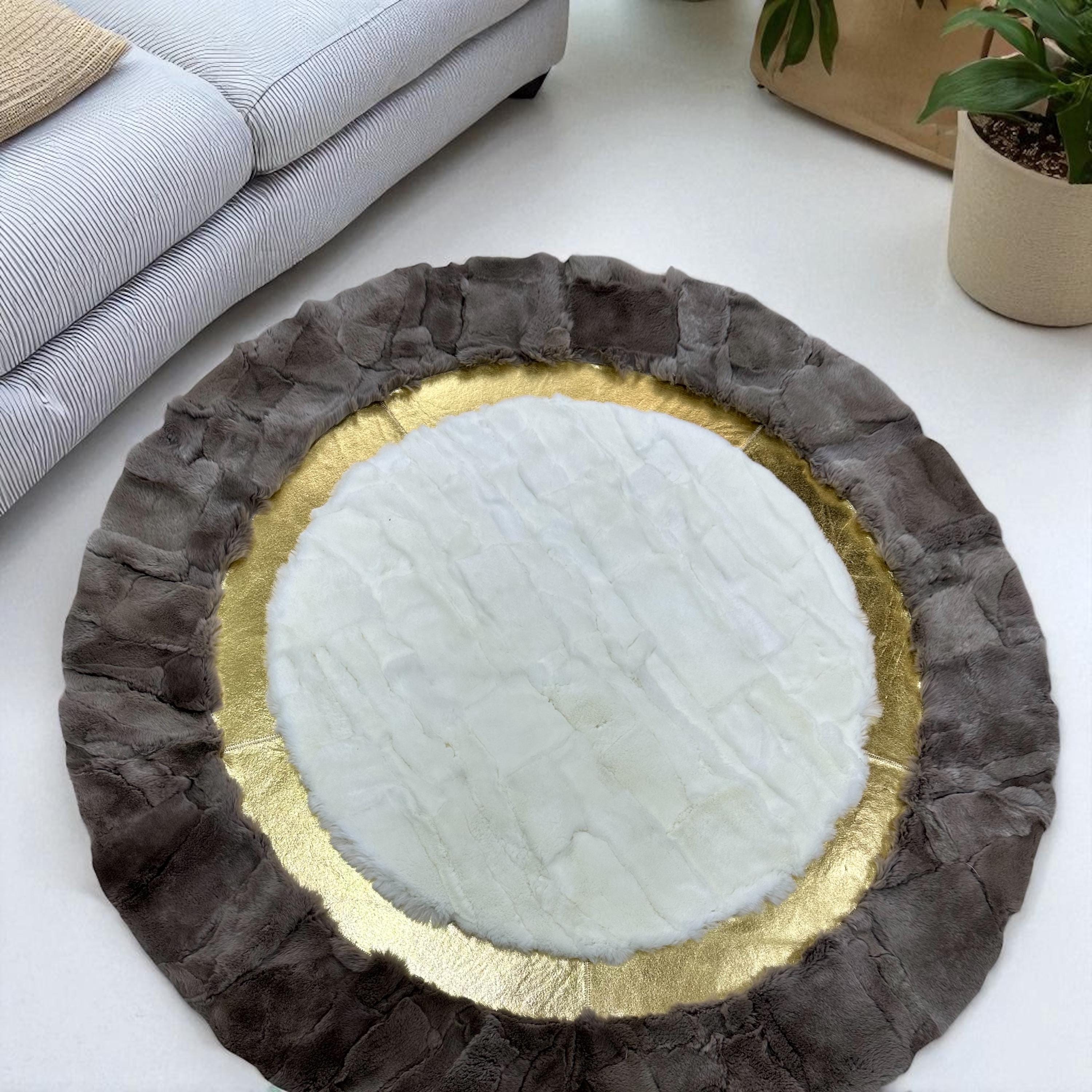 Krem Altın Kahverengi Yuvarlak Toskana Derisi Halı – El Yapımı Doğal Deri Halı