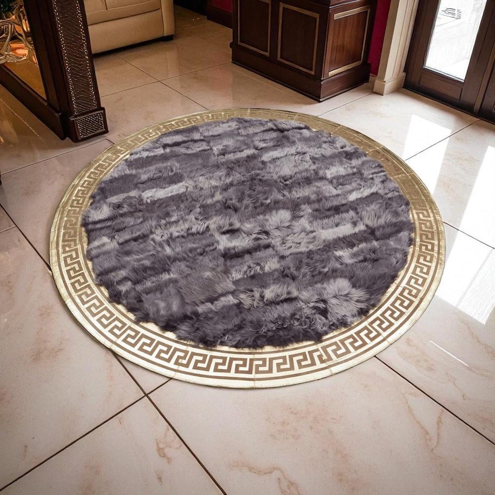 Gri Altın Desenli Yuvarlak Toskana Derisi Halı – El Yapımı Doğal Deri Halı
