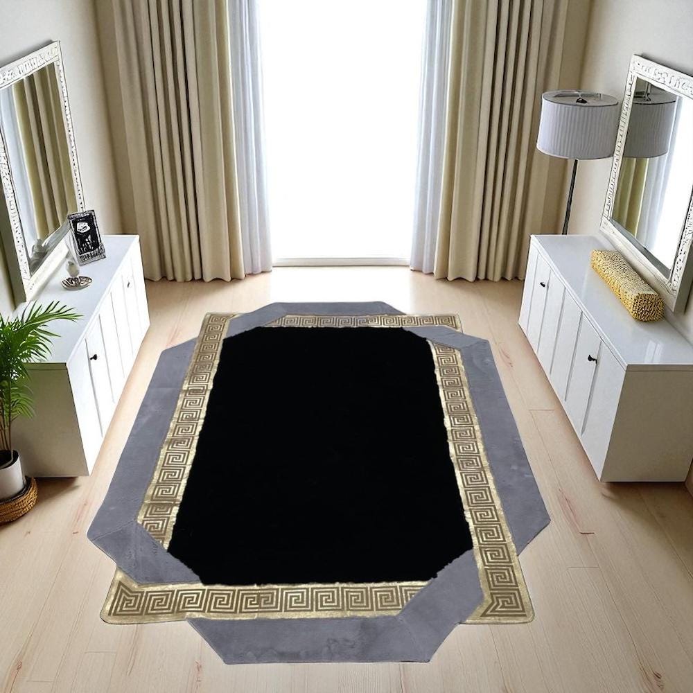 Gri ve Altın Bordürlü Siyah Peluş Halı - Şık Yumuşak Salon Halısı