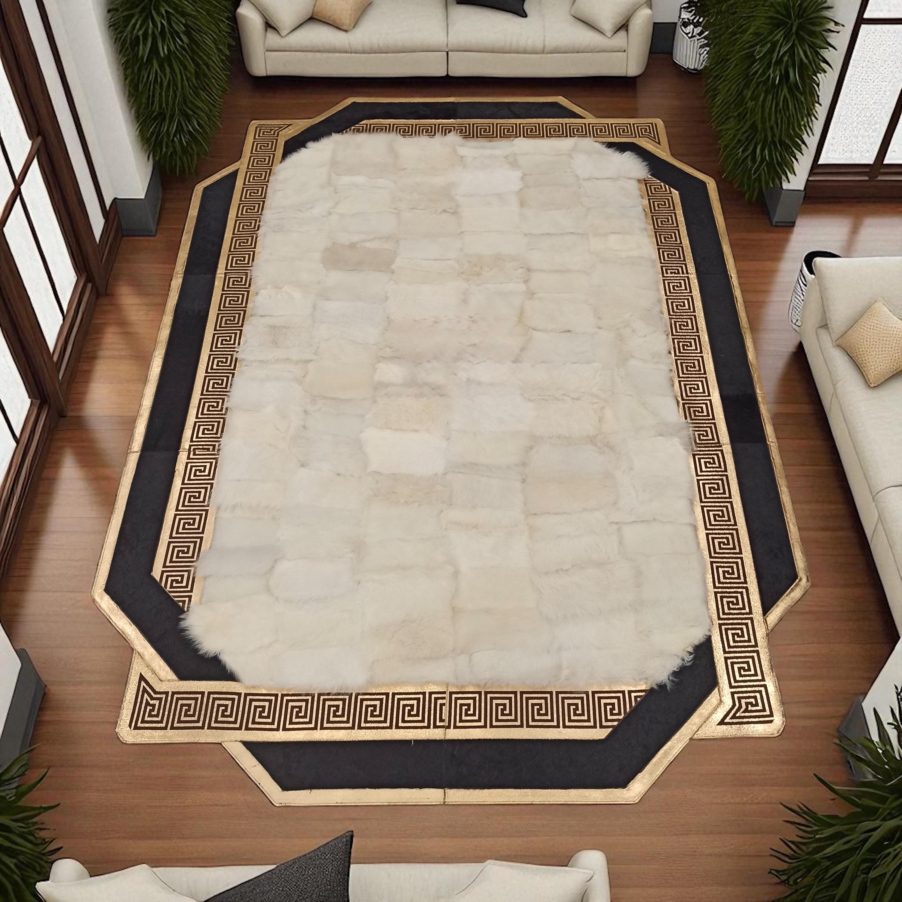 Altın Bordürlü Krem Toskana Halı – El Yapımı Şık ve Dekoratif Salon Halısı