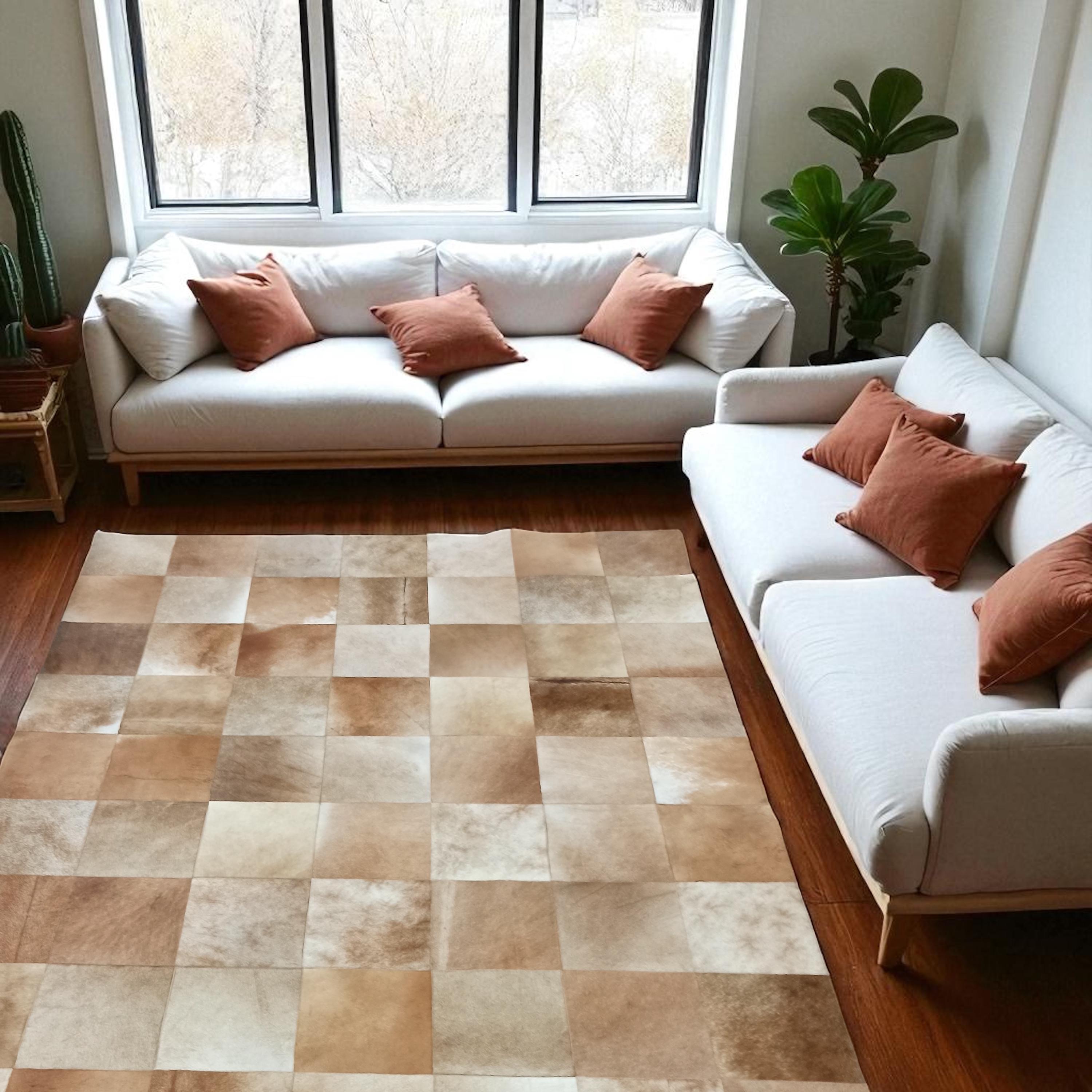 Bej, Doğal Dana Derisi Patchwork Halı