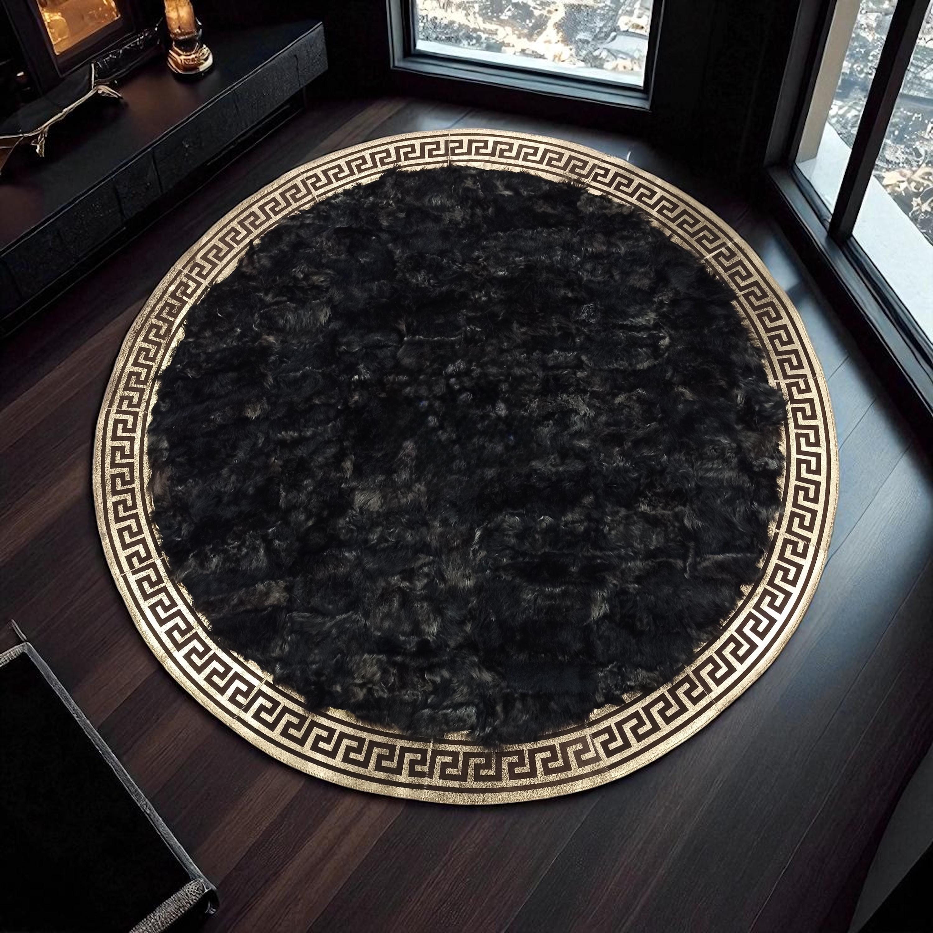 Şık Siyah Yuvarlak Toskana Derisi Halı - Lüks Salon Halısı