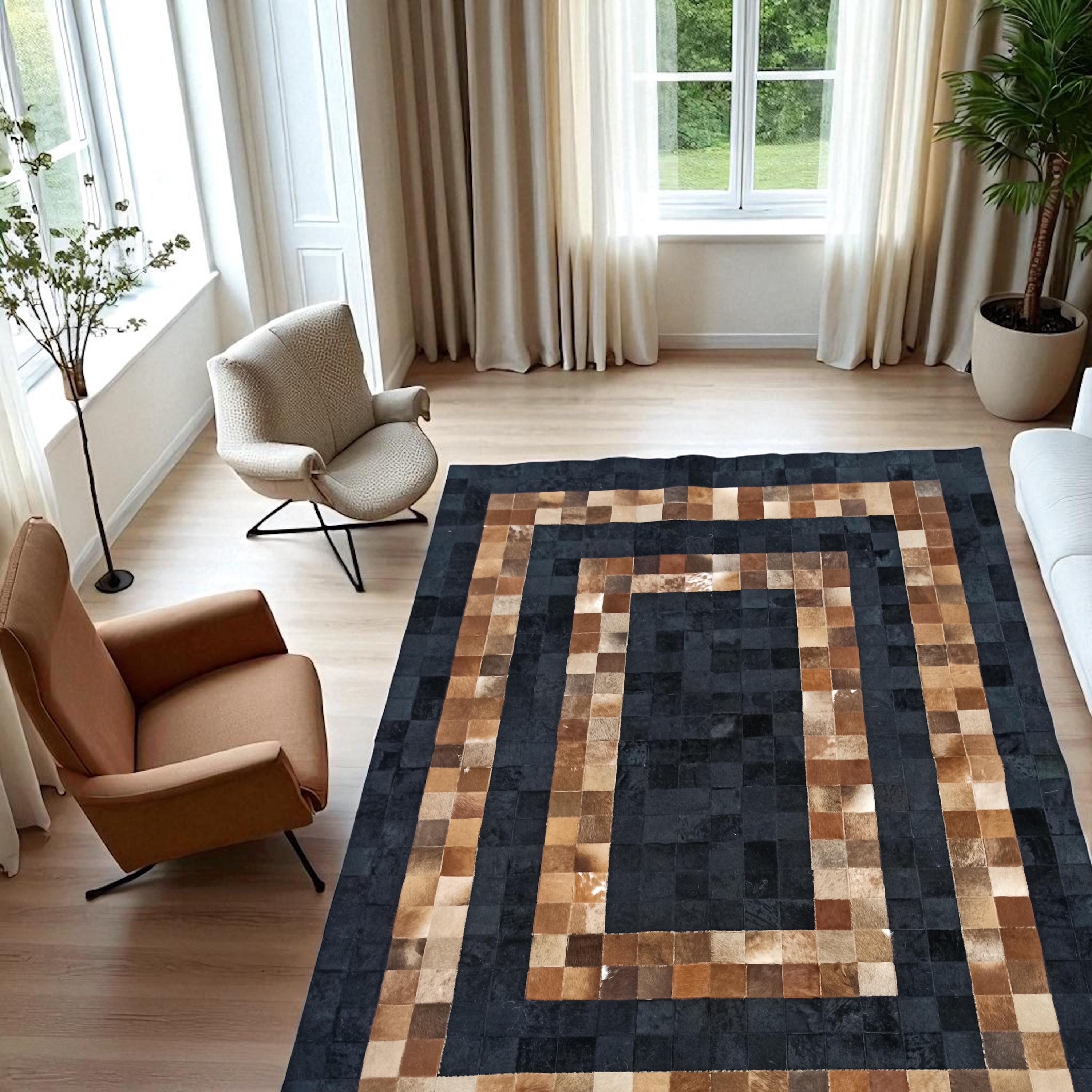 Kahverengi Siyah Patchwork Halı – El Yapımı Doğal Dana Derisi Oturma Odası Halısı