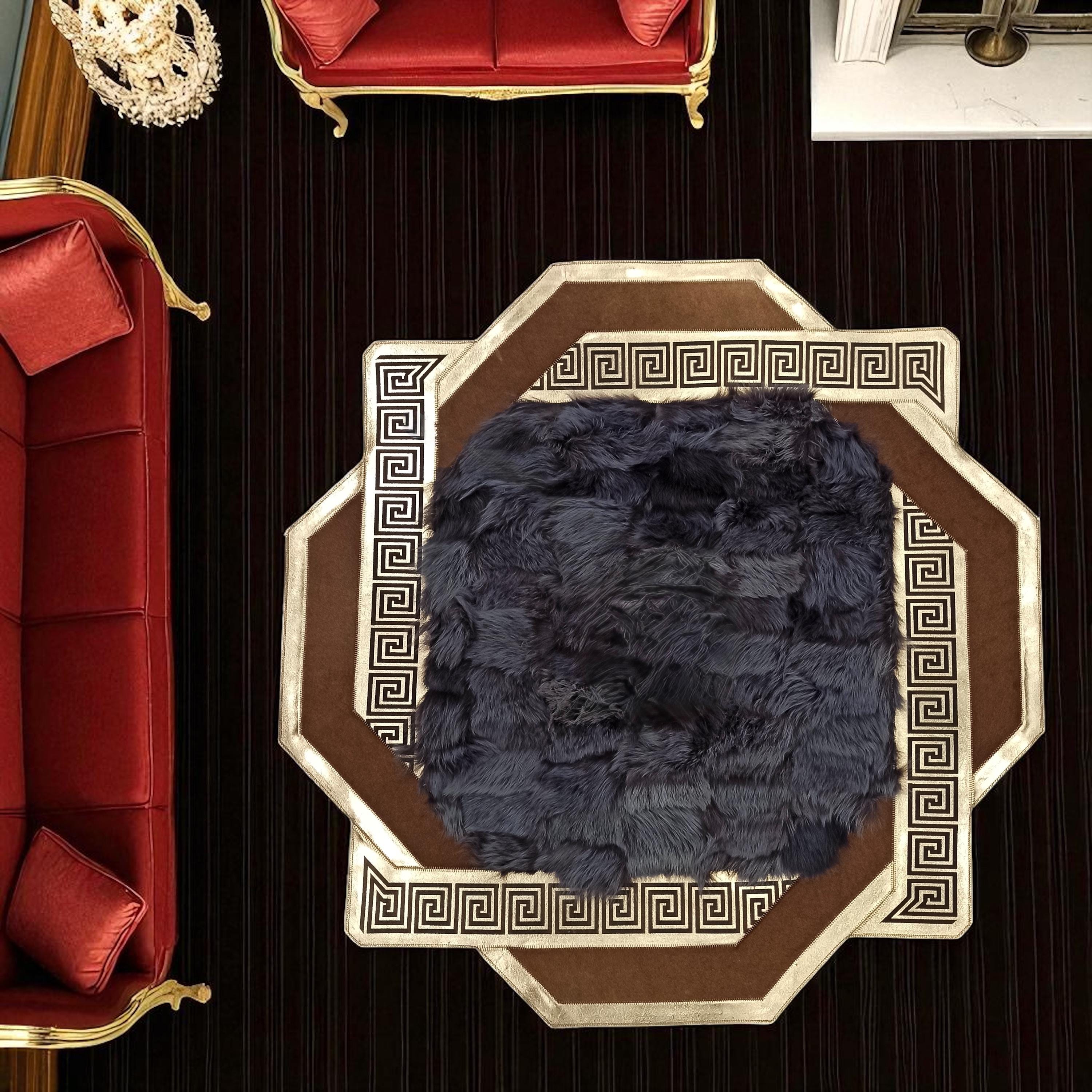 Altın Bordürlü Siyah Toskana Kürkü Halı – El Yapımı Şık ve Yumuşak Salon Halısı
