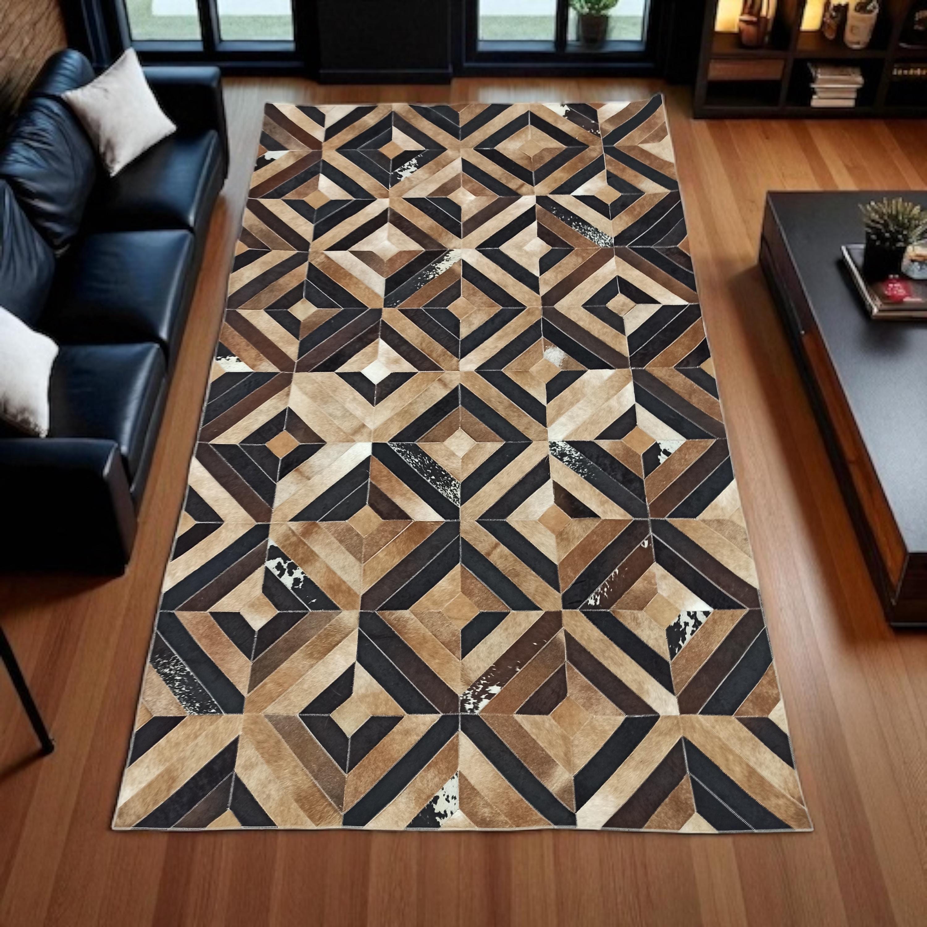 El Yapımı Dana Derisi Halı – Siyah Kahverengi Patchwork Büyük Salon Halısı