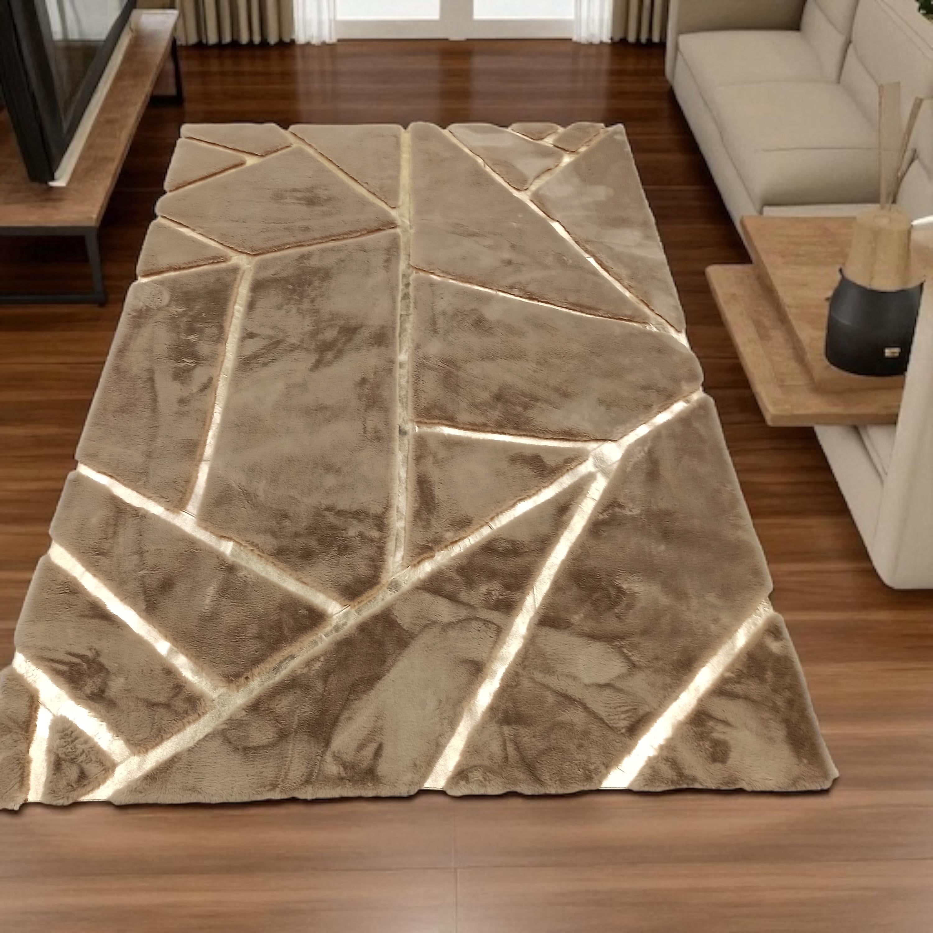 Çizgili Kahverengi Peluş Halı - Modern Salon Halısı