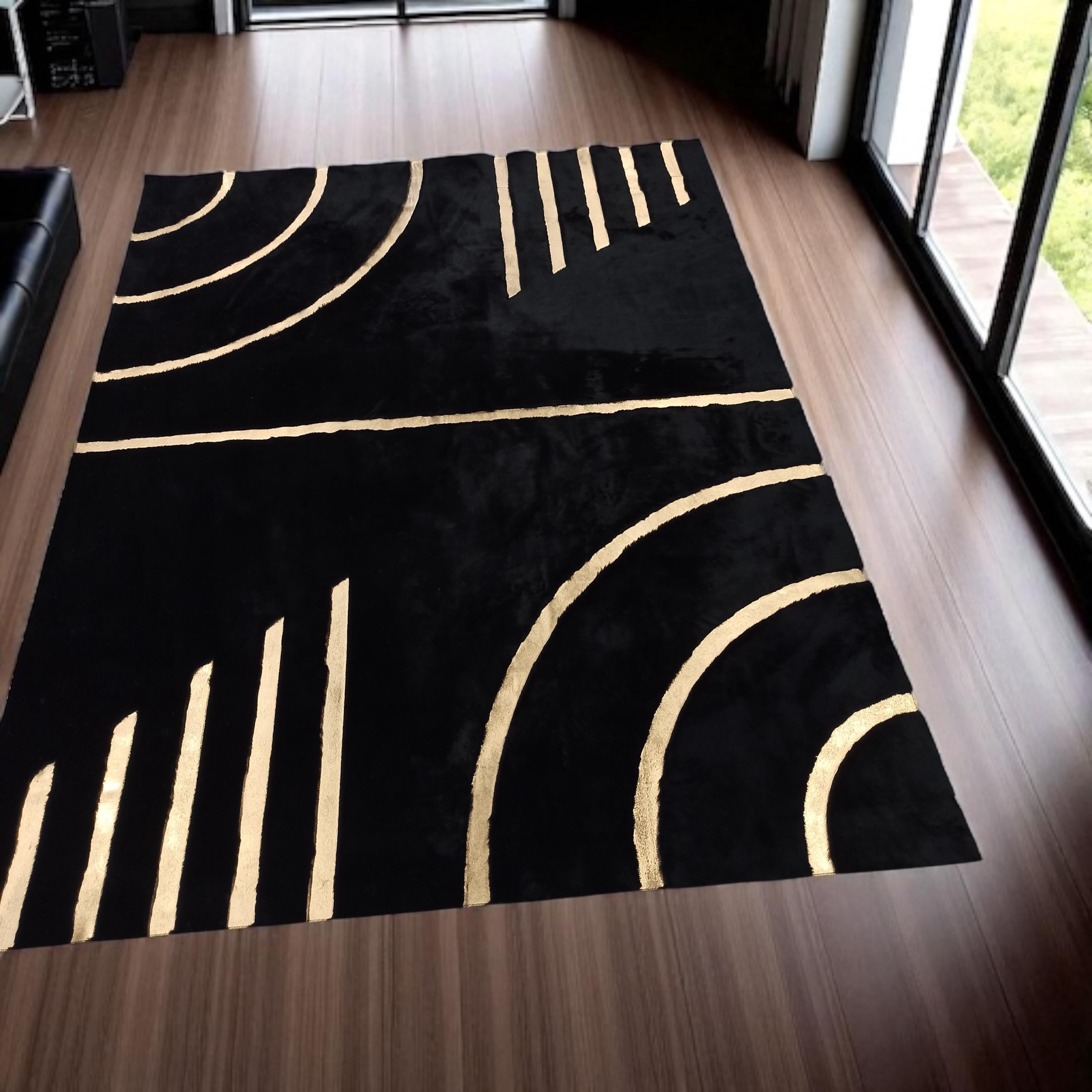 Modern Desenli Altın ve Siyah Renkli Peluş Halı