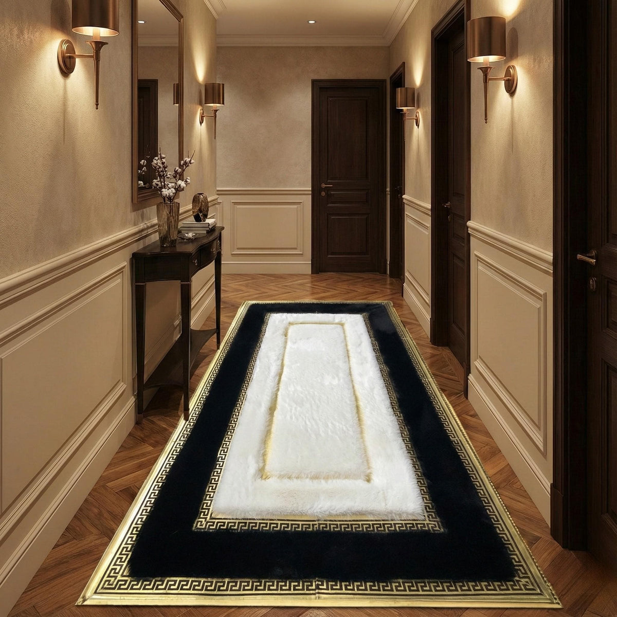 Siyah Beyaz Peluş Yolluk Halı – Altın Geometrik Bordürlü Lüks Koridor Halısı, Modern Tasarım – görsel 2