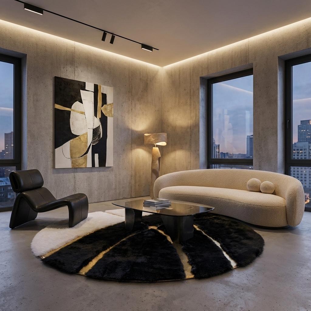 Siyah, Beyaz Zeminli Altın Çizgili Yuvarlak Peluş Halı