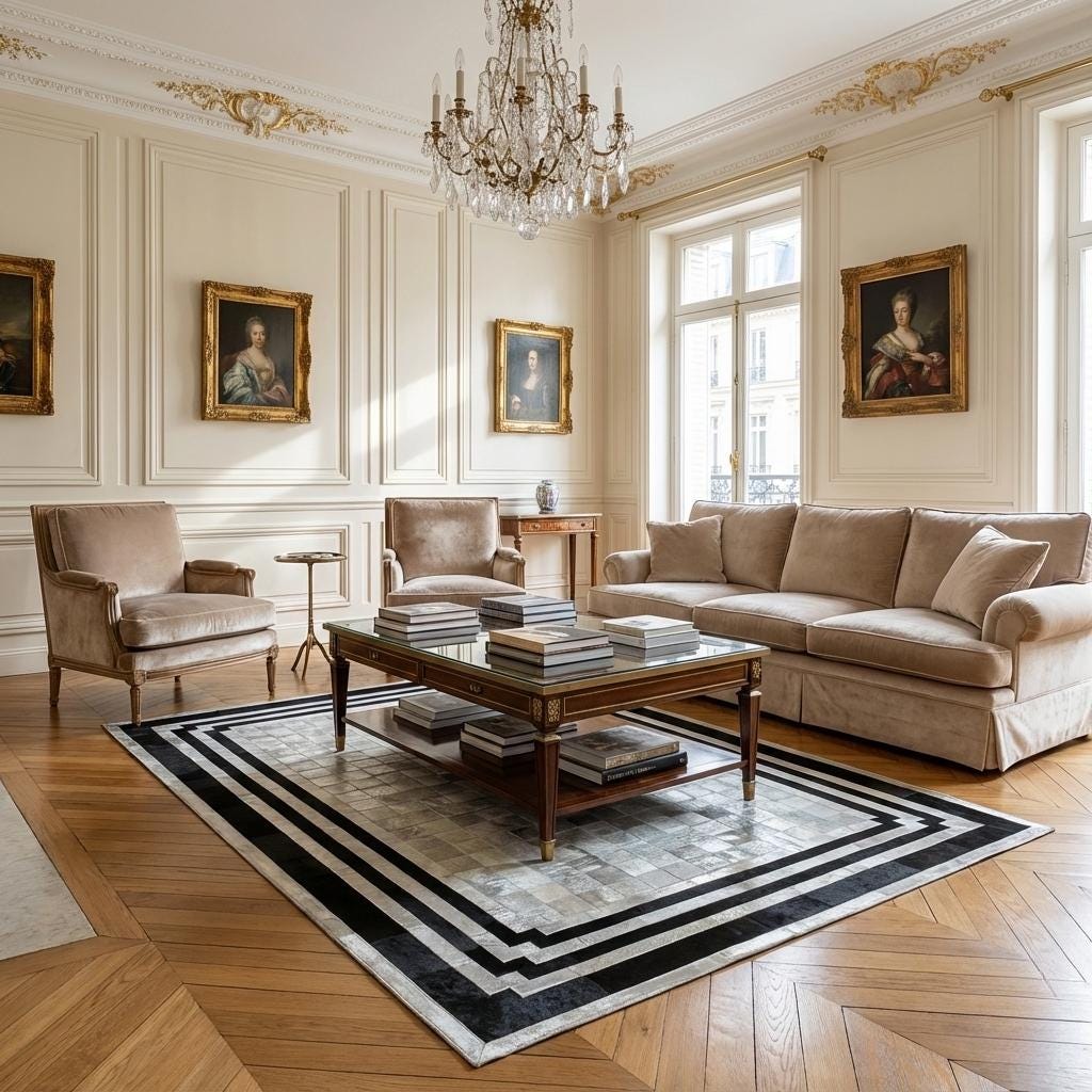 Siyah ve Gri Bordürlü Dana Derisi Patchwork Halı