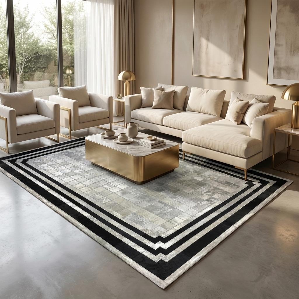 Siyah ve Gri Bordürlü Dana Derisi Patchwork Halı