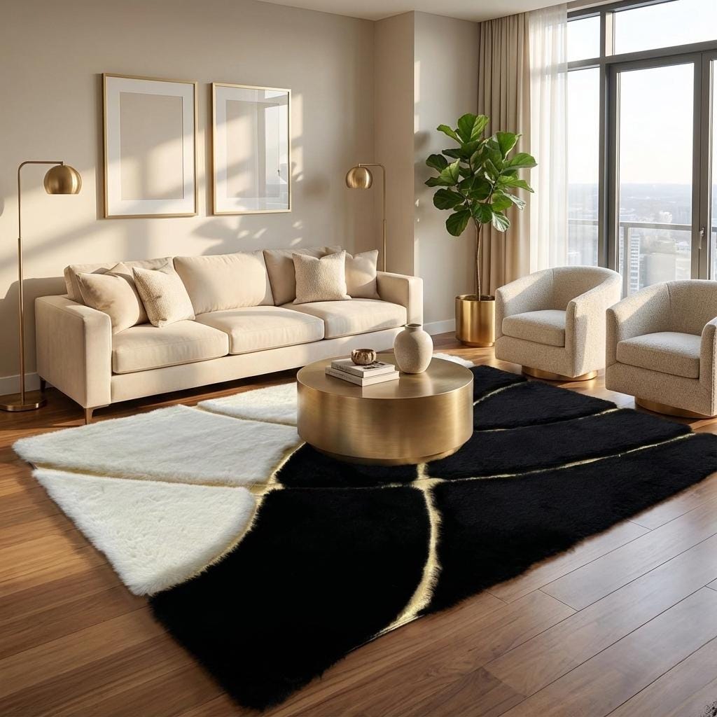 Siyah ve Krem Zeminli Altın Çizgi Detaylı Peluş Halı – Yumuşak Dokulu, Modern Dekoratif Halı