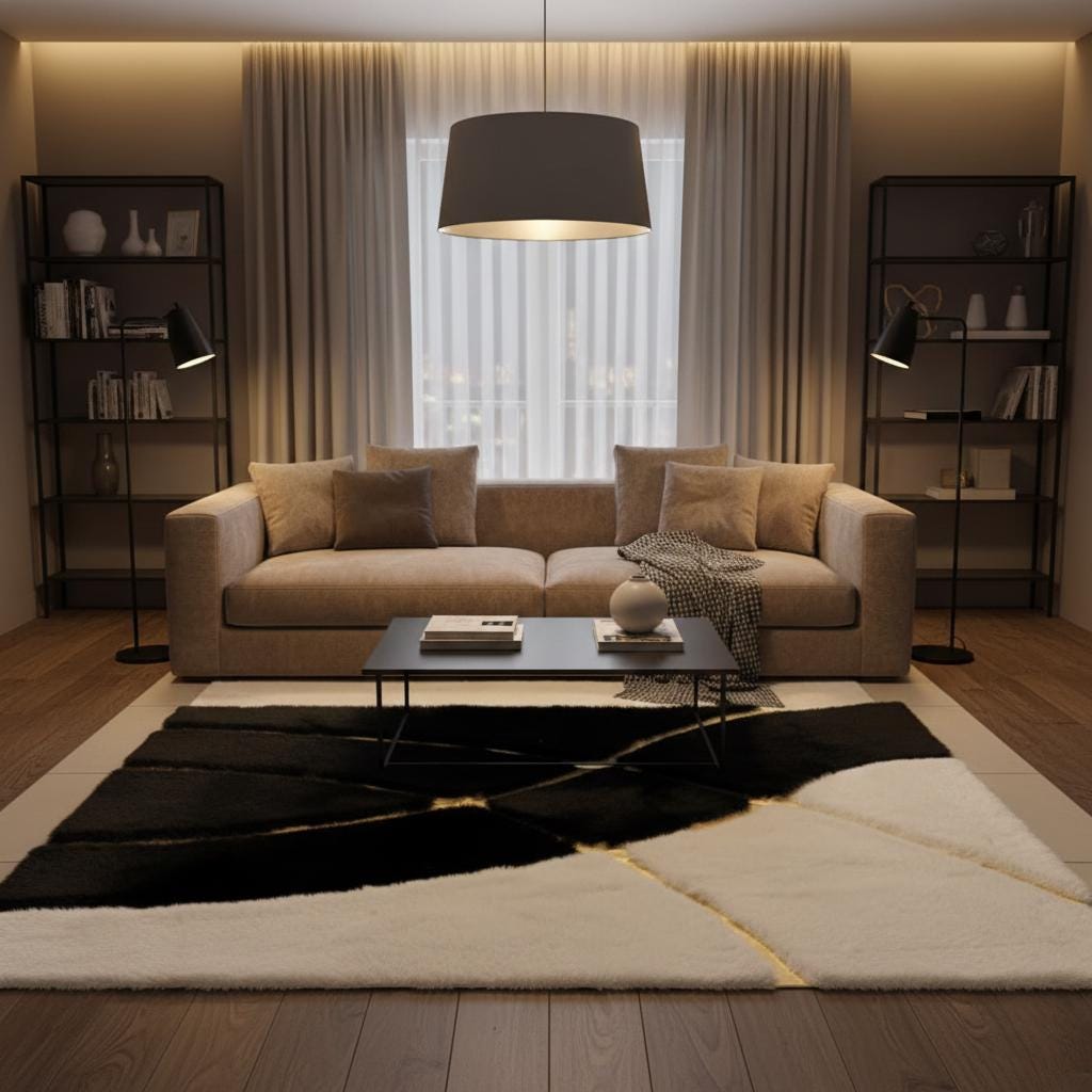 Siyah ve Krem Zeminli Altın Çizgi Detaylı Peluş Halı – Yumuşak Dokulu, Modern Dekoratif Halı