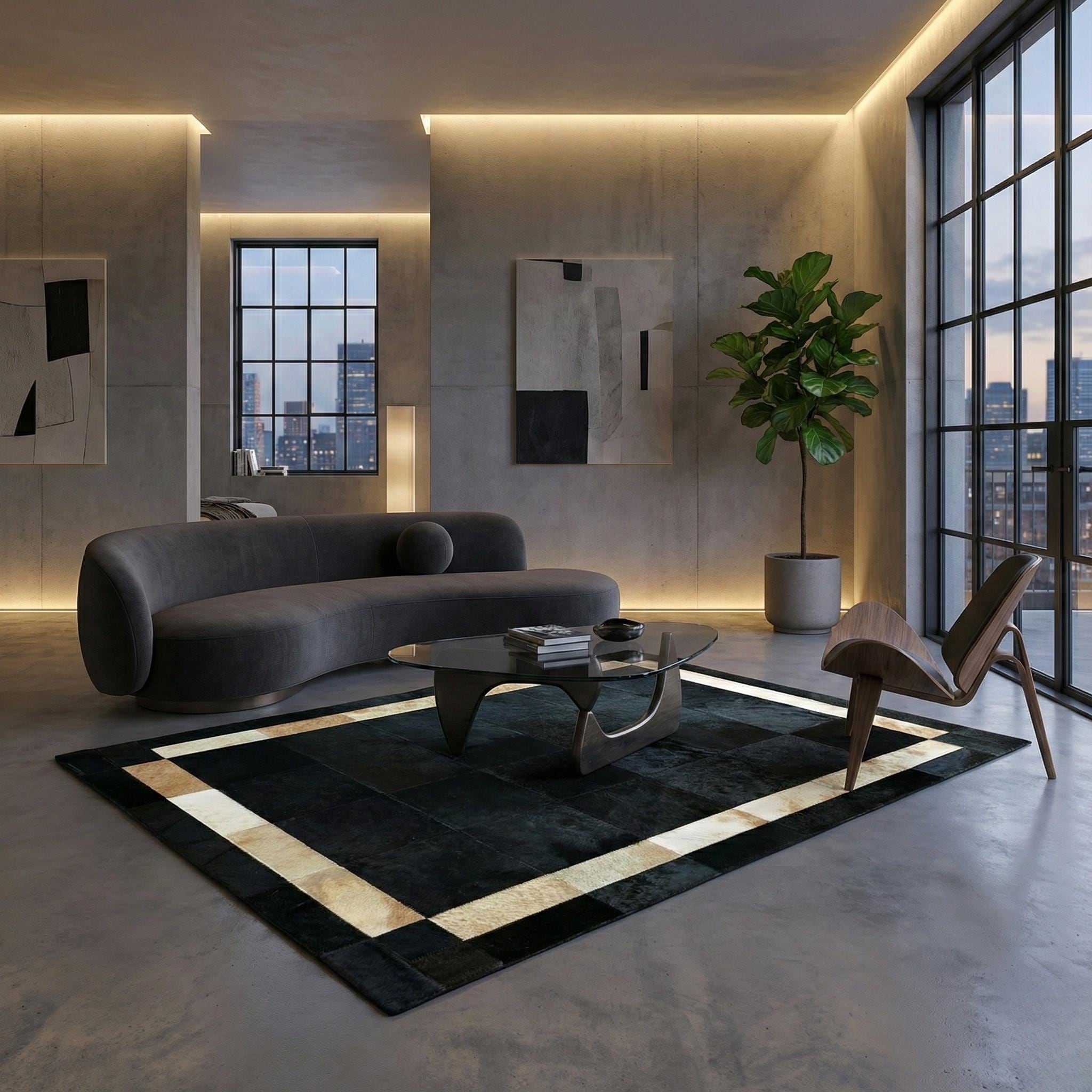 Siyah ve Bej Bordürlü Dana Derisi Patchwork Halı – El Yapımı Doğal Deri Dekoratif Halı