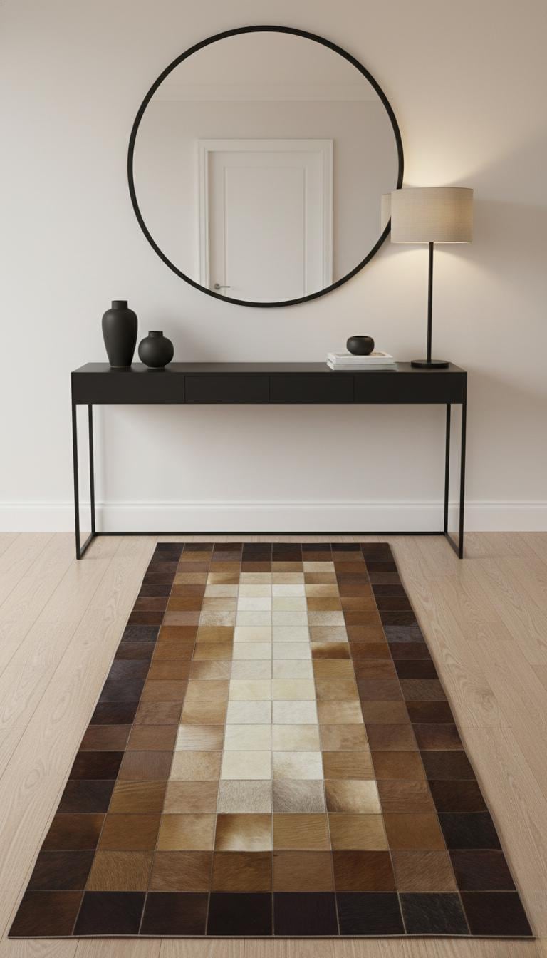 Kahverengi ve Bej Tonlu Dana Derisi Patchwork Runner Halı – El Yapımı Doğal Deri Dekoratif Halı