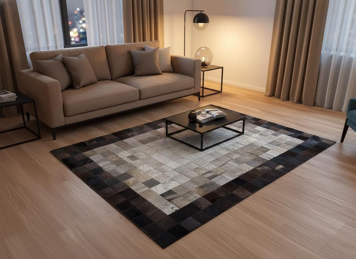 Gri ve Bej Tonlu Dana Derisi Patchwork Halı – El Yapımı Doğal Deri Dekoratif Halı