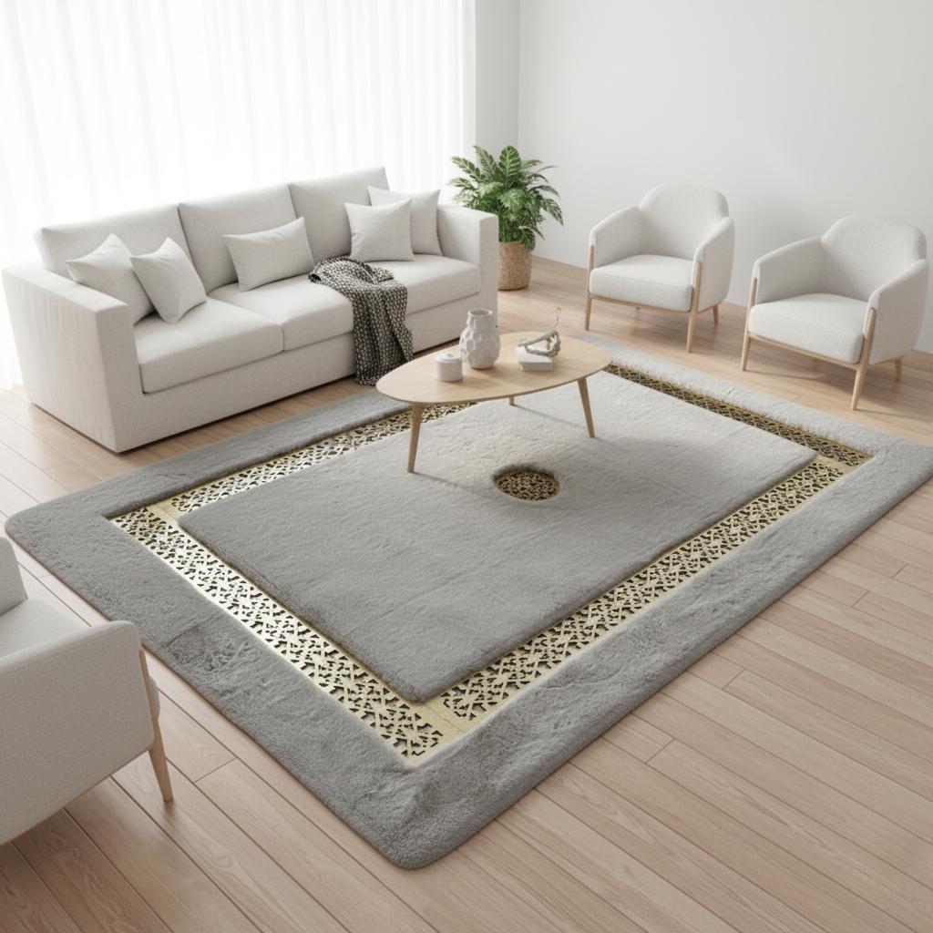 Gri Zeminli Altın Bordür Detaylı Peluş Halı – Yumuşak Dokulu, Şık ve Dekoratif Halı