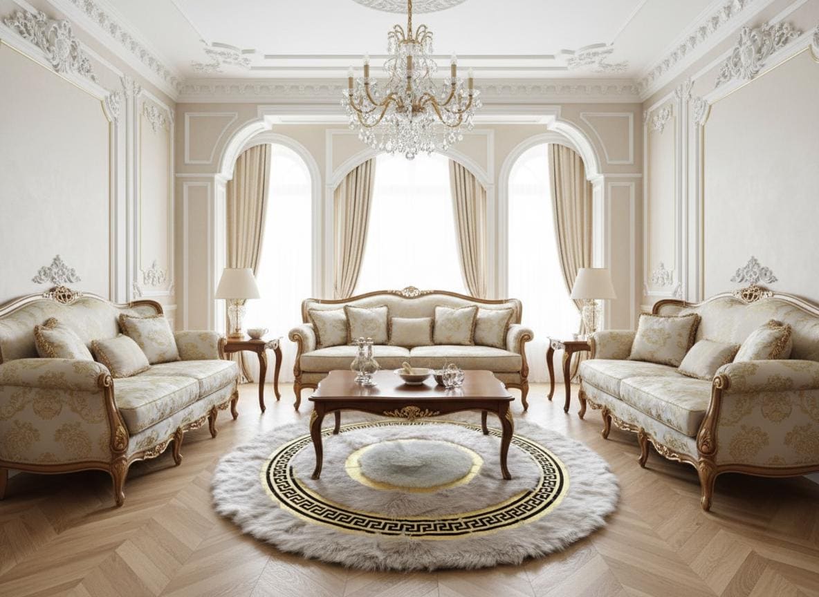 Krem Zeminli Beyaz Merkezli Altın Detaylı Yuvarlak Toskana Halı