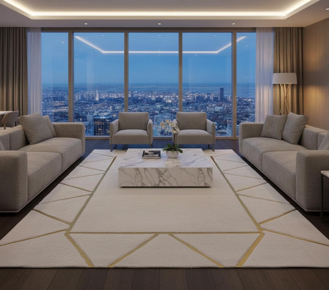 Beyaz Zeminli Altın Geometrik Detaylı Peluş Halı – Yumuşak Dokulu, Şık ve Dekoratif Halı