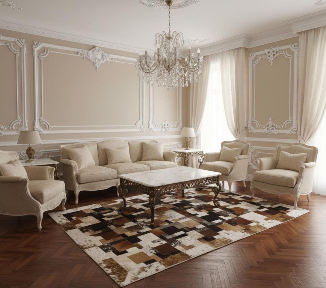 Kahverengi, Siyah ve Bej Tonlu Dana Derisi Patchwork Halı