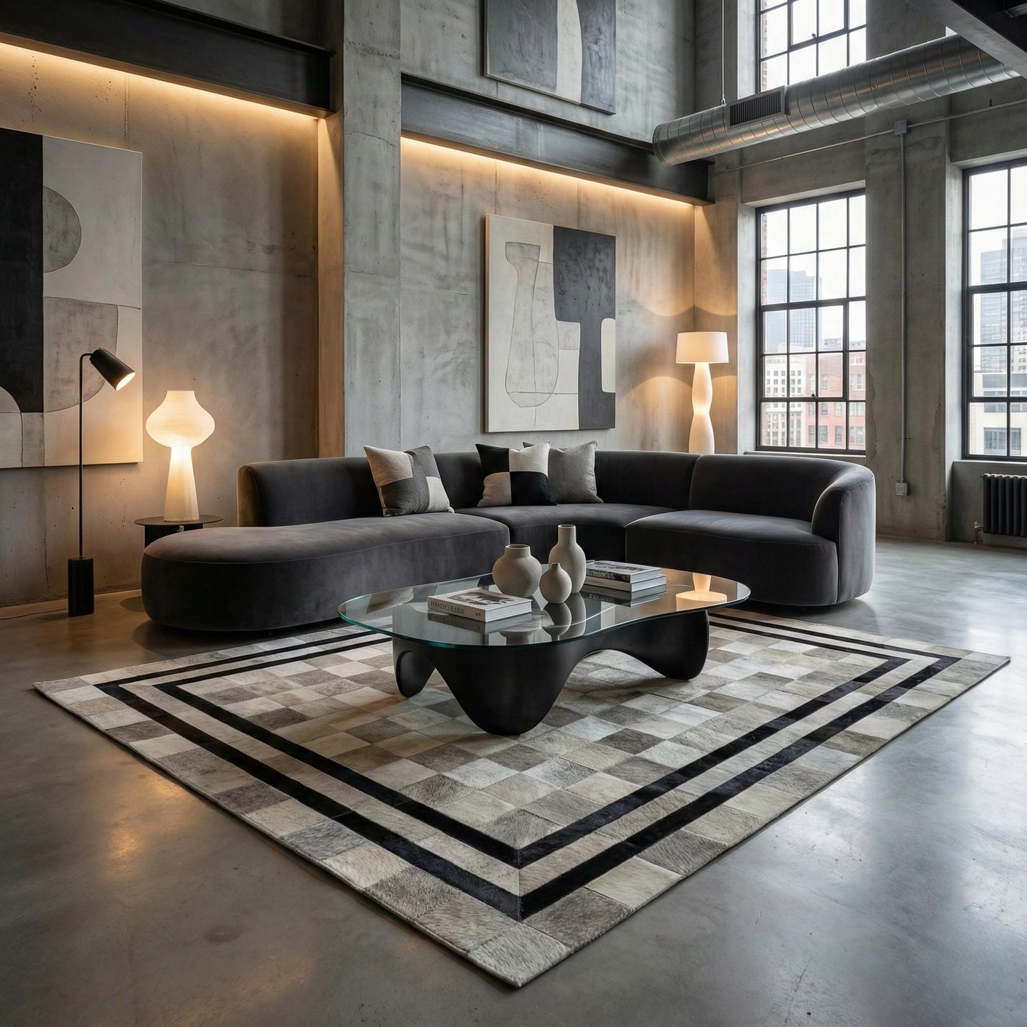 Gri ve Siyah Bordürlü Dana Derisi Patchwork Halı – El Yapımı Doğal Deri Dekoratif Halı