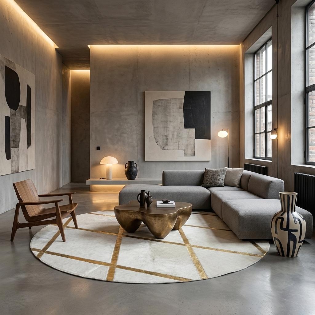 Beyaz Zeminli Altın Çizgi Detaylı Peluş Halı – Yumuşak Dokulu,