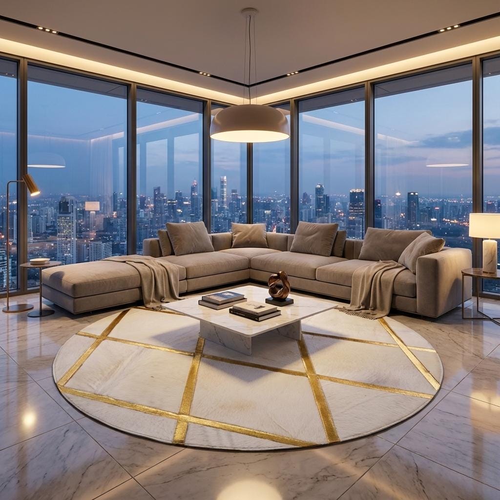 Beyaz Zeminli Altın Çizgi Detaylı Peluş Halı – Yumuşak Dokulu,