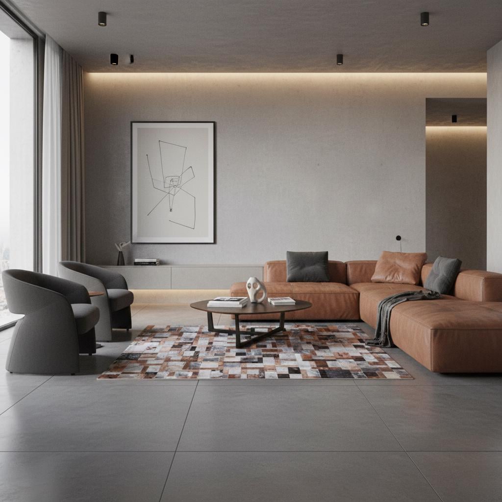 Kahverengi ve Gri Tonlu Dana Derisi Patchwork Halı