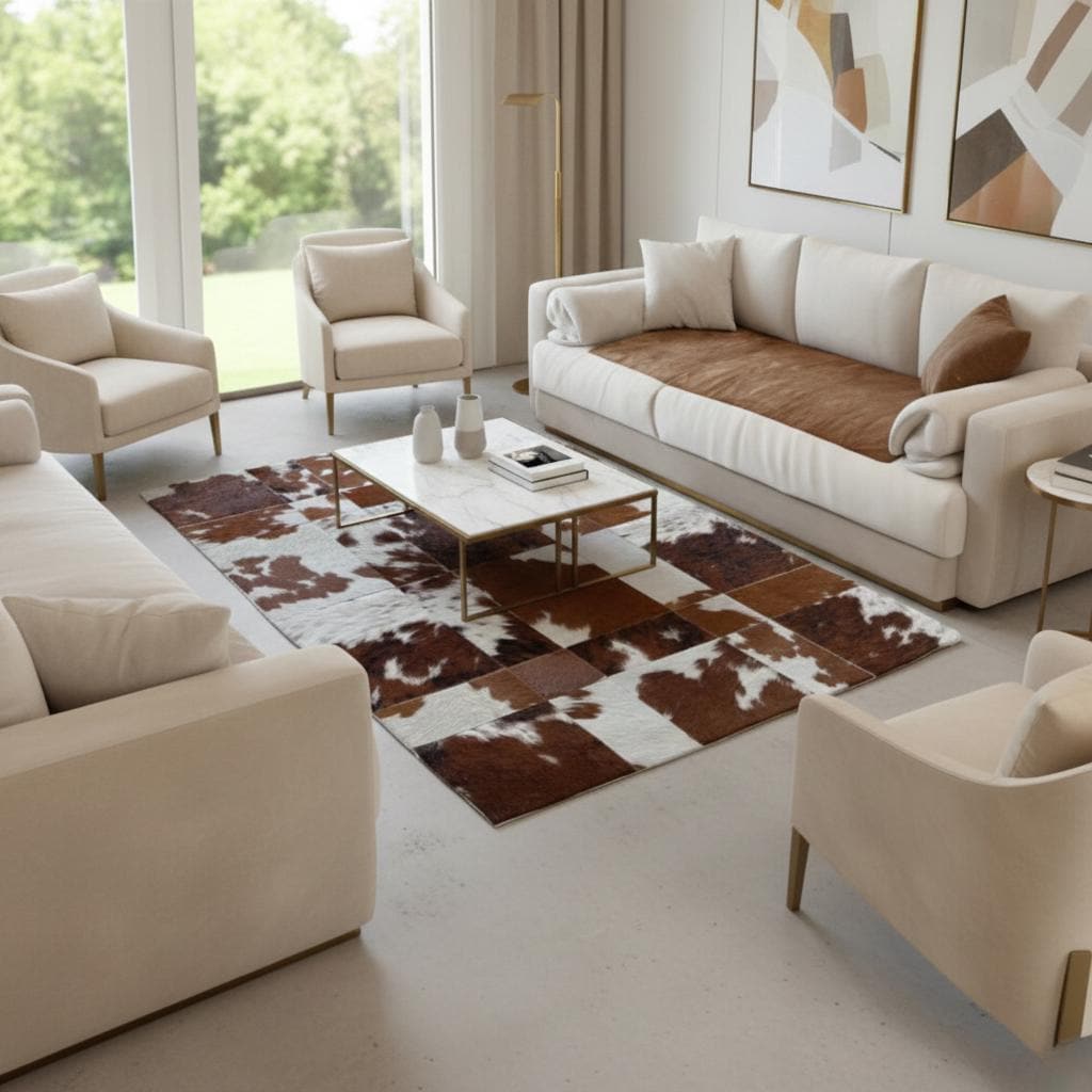 Kahverengi ve Beyaz Desenli Dana Derisi Patchwork Halı – El Yapımı Doğal Deri Dekoratif Halı