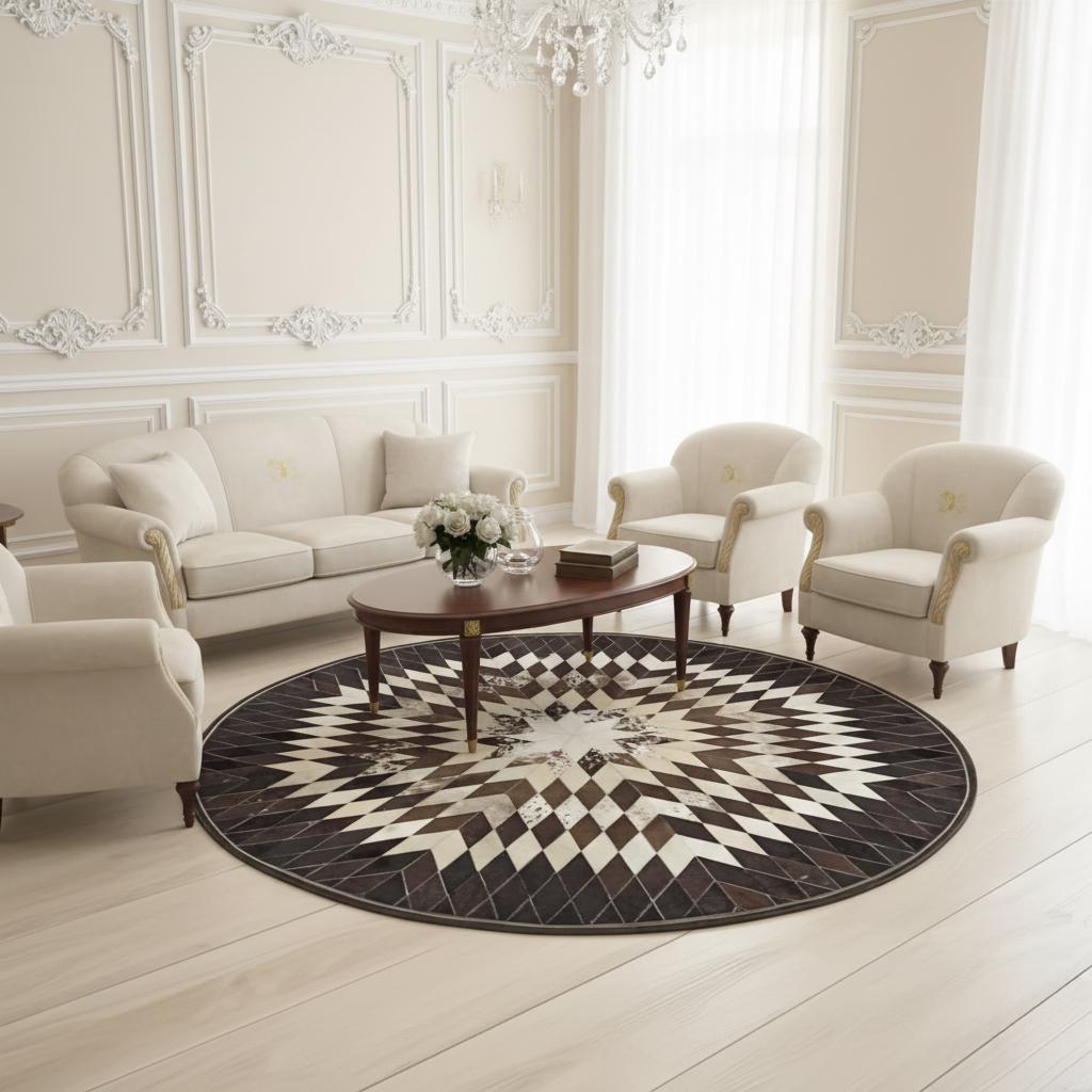 Siyah, Kahverengi ve Krem Yuvarlak Dana Derisi Patchwork Halı