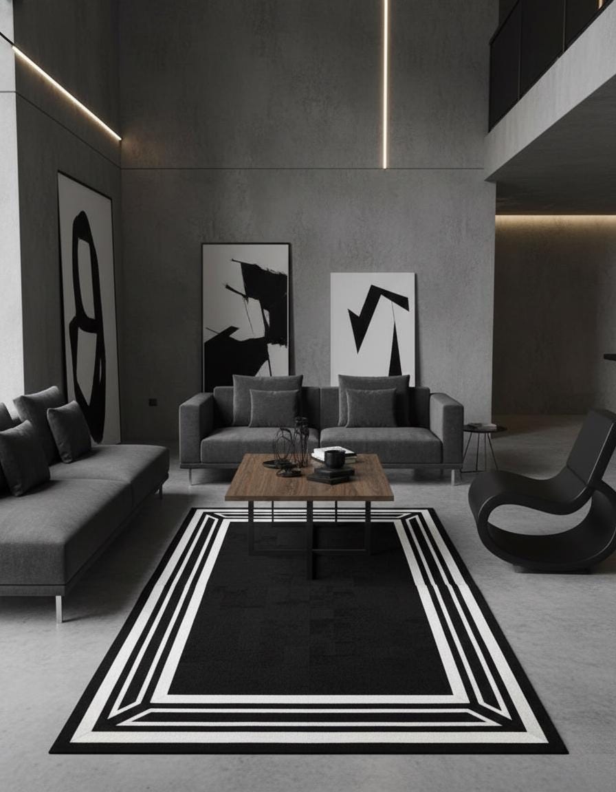 Siyah Zeminli Beyaz Bordürlü Dana Derisi Patchwork Halı – El Yapımı Doğal Deri Dekoratif Halı