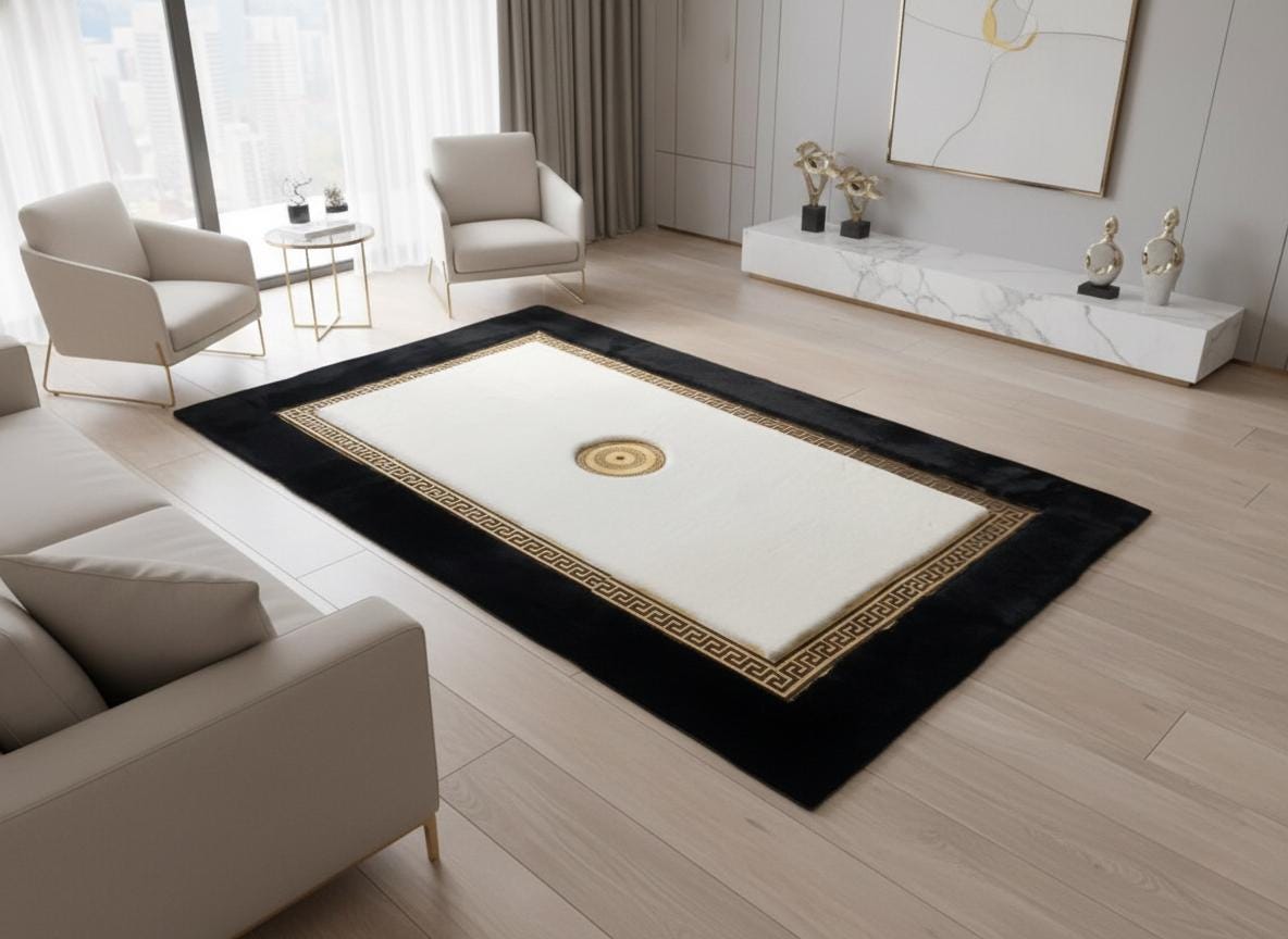 Siyah Zeminli Beyaz Merkezli Altın Detaylı Peluş Halı – Yumuşak Dokulu