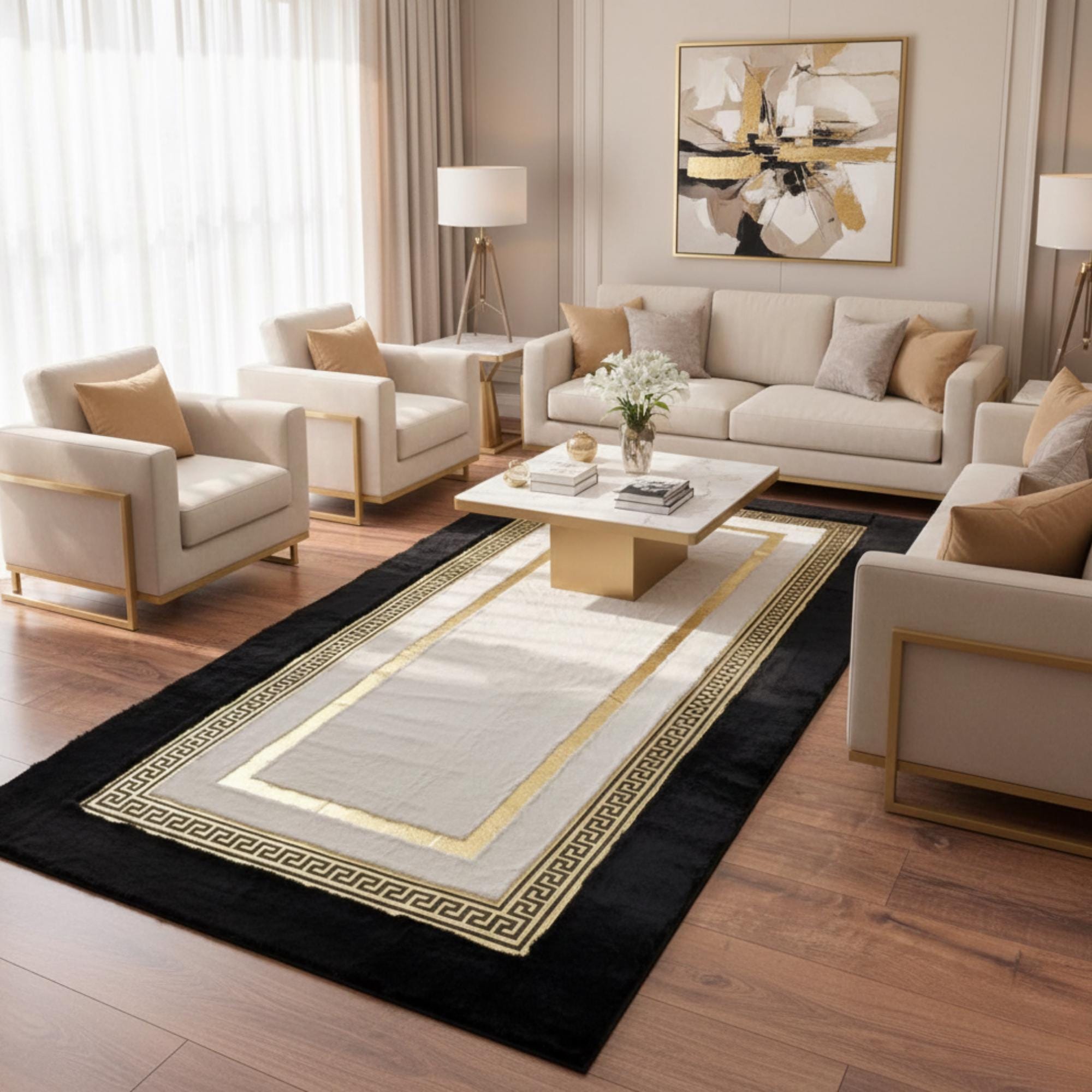 Siyah Zeminli Beyaz Merkezli Altın Bordürlü Peluş Runner Halı – Yumuşak Dokulu, Şık ve Dekoratif Halı