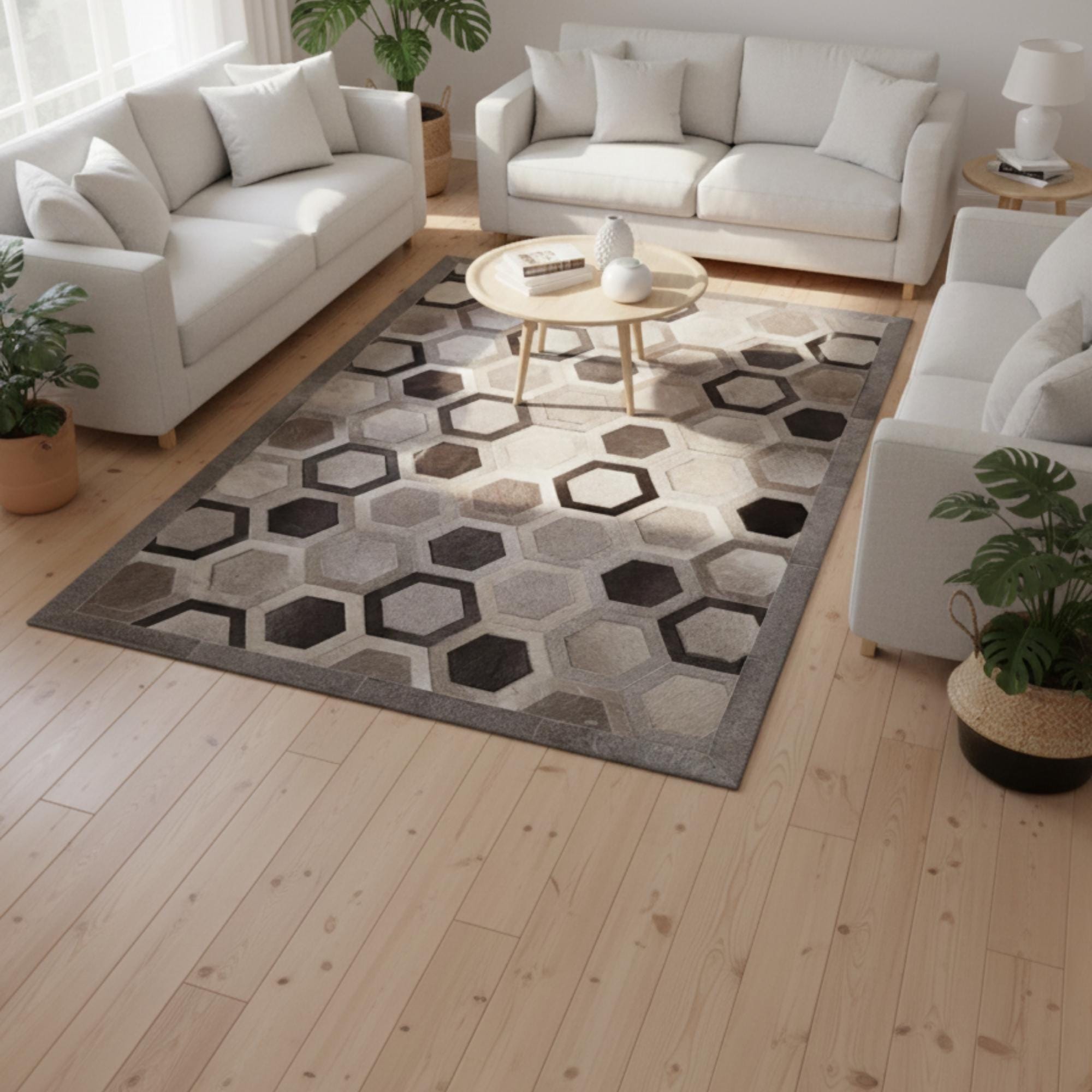 Bej ve Gri Tonlu Geometrik Dana Derisi Patchwork Halı – El Yapımı Doğal Deri Dekoratif Halı