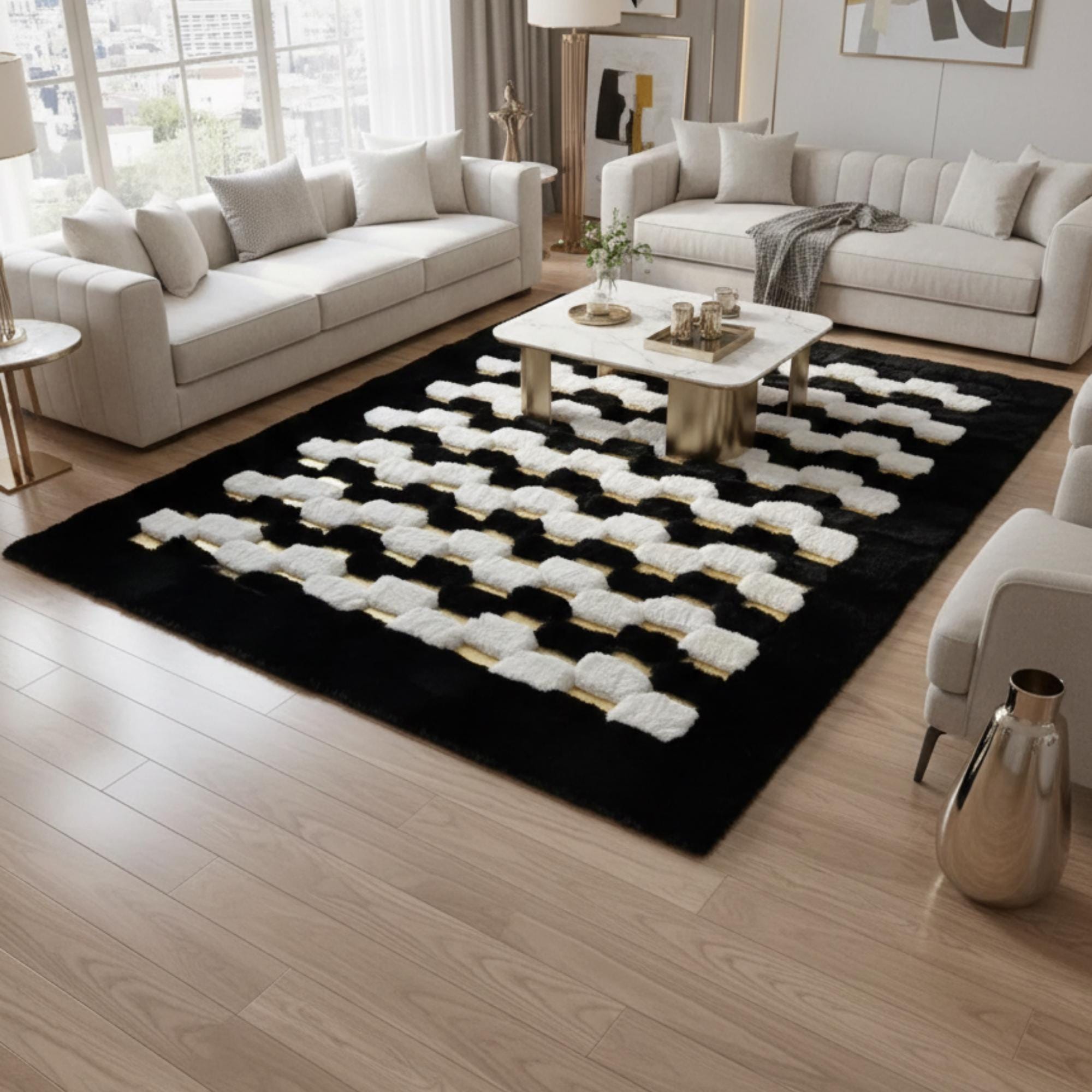 Siyah Zeminli Beyaz, Altın Geometrik Desenli Peluş Halı – Yumuşak Dokulu