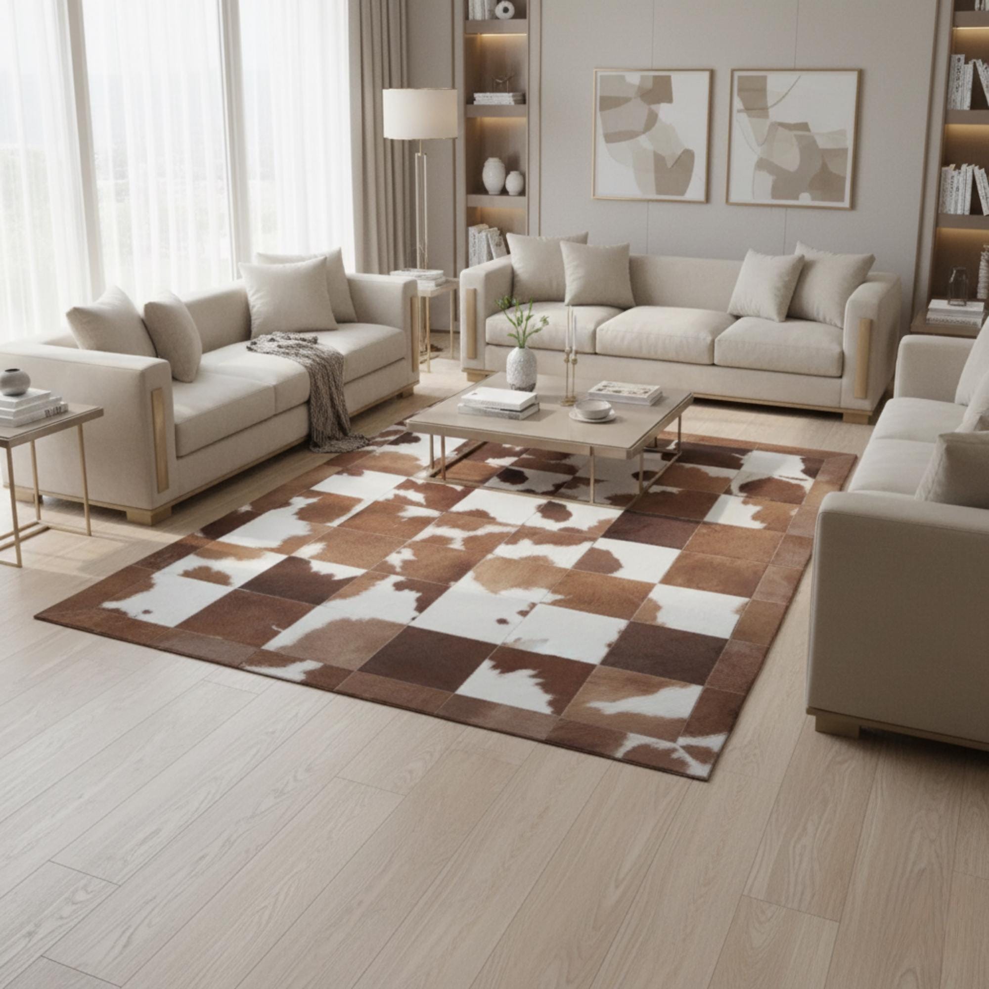 Kahverengi ve Beyaz Tonlu Dana Derisi Patchwork Halı