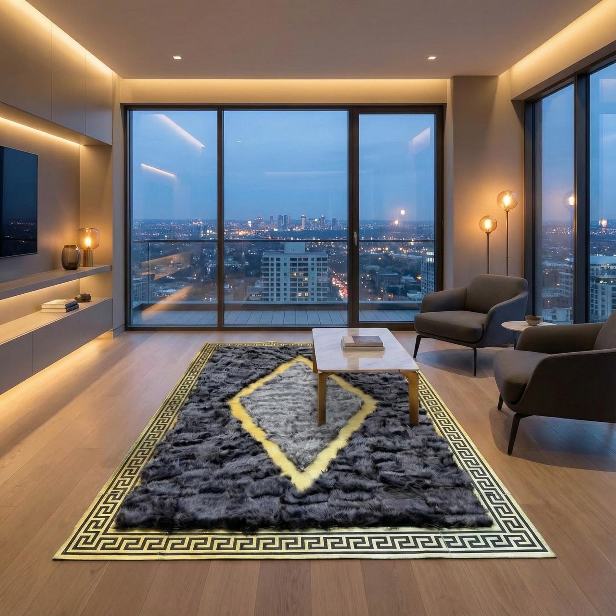 Altın Bordürlü Gri Toscana Kürk Salon Halısı – Klasik ve Lüks Tasarım