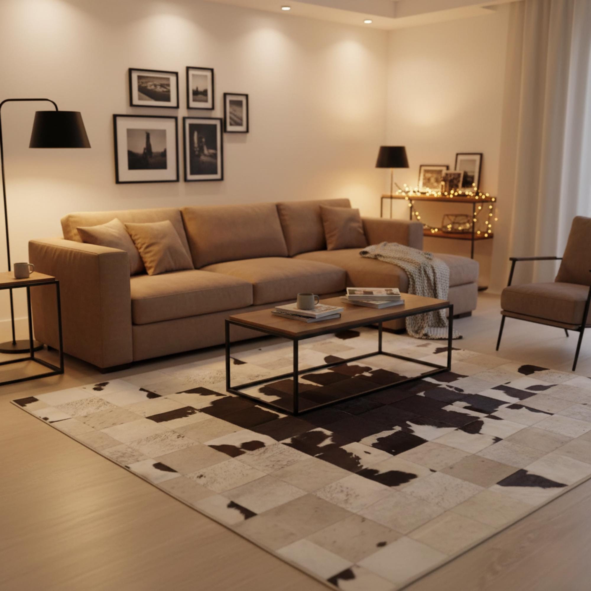 Siyah, Bej ve Açık Kahverengi Tonlu Dana Derisi Patchwork Halı