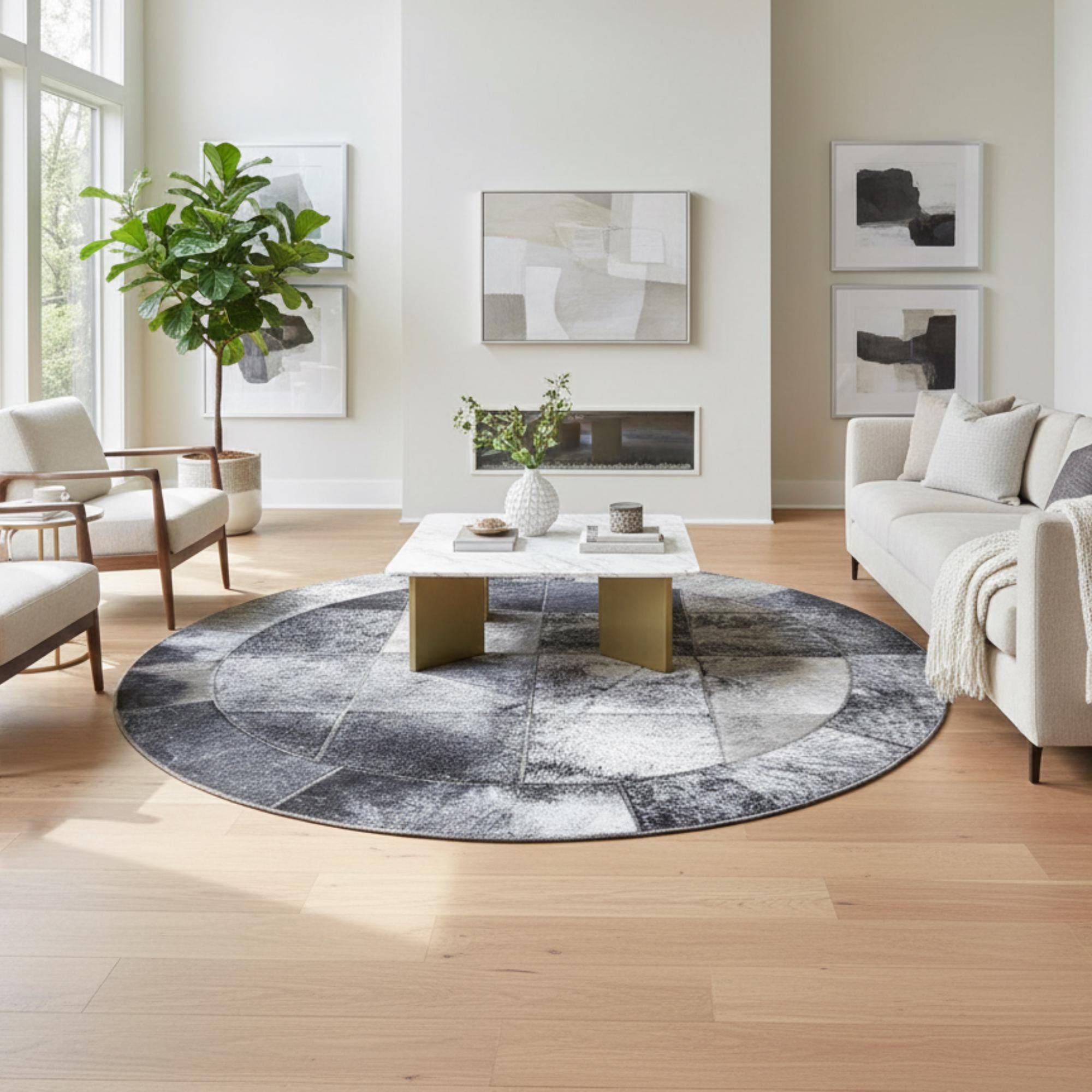 Gri Tonlarında Yuvarlak Dana Derisi Patchwork Halı – El Yapımı, Doğal Deri ve Dekoratif Halı