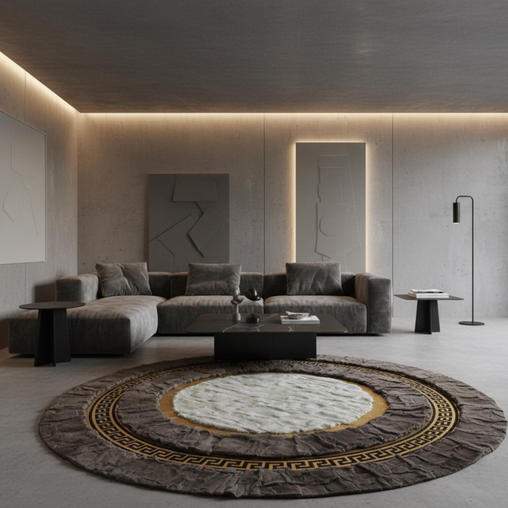 Beyaz Merkezli Koyu Gri Dış Yüzeyli Altın Çerçeveli Yuvarlak Rex Tavşan Derisi Halı