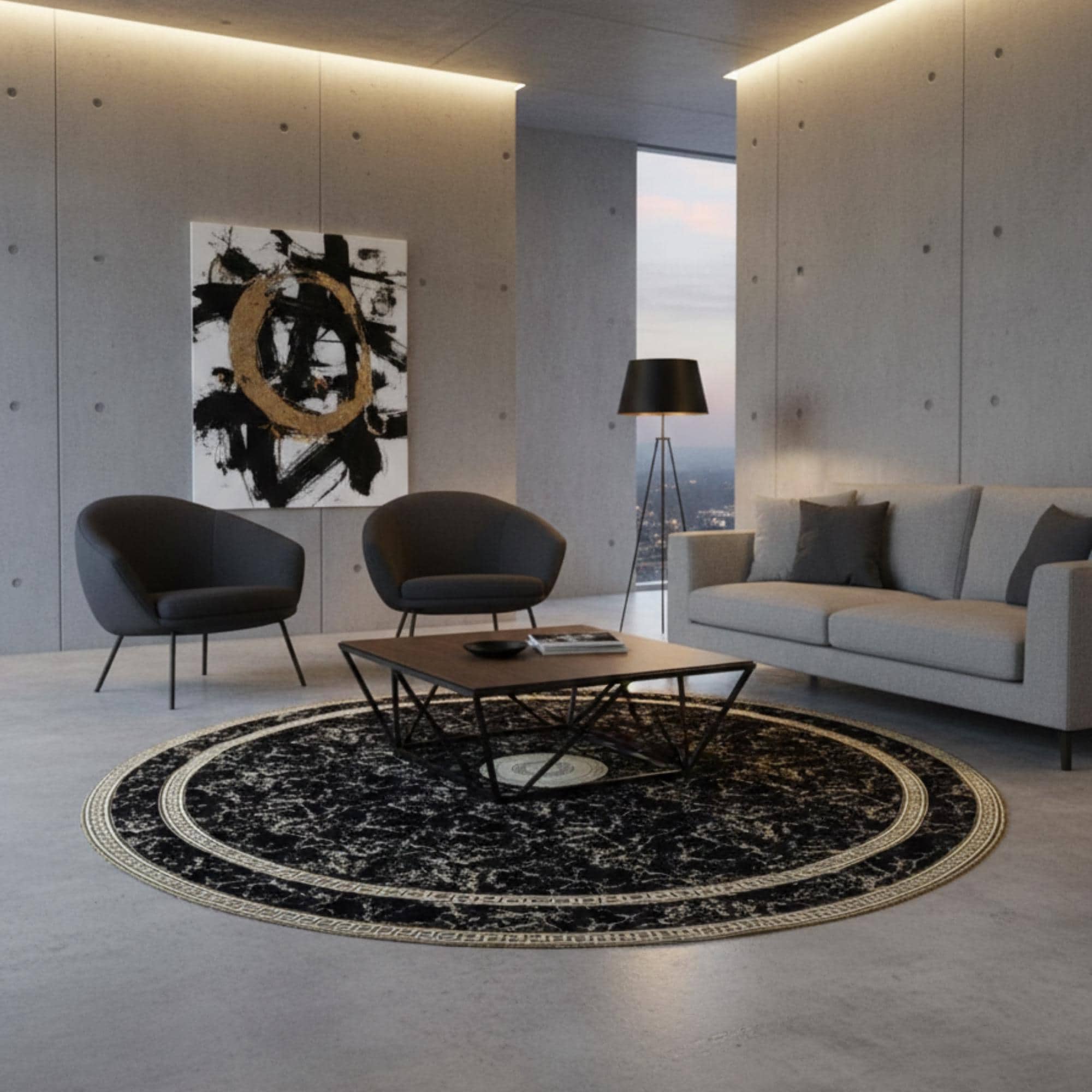 Siyah Zeminli Yuvarlak Altın Klasik Desenli Peluş Halı