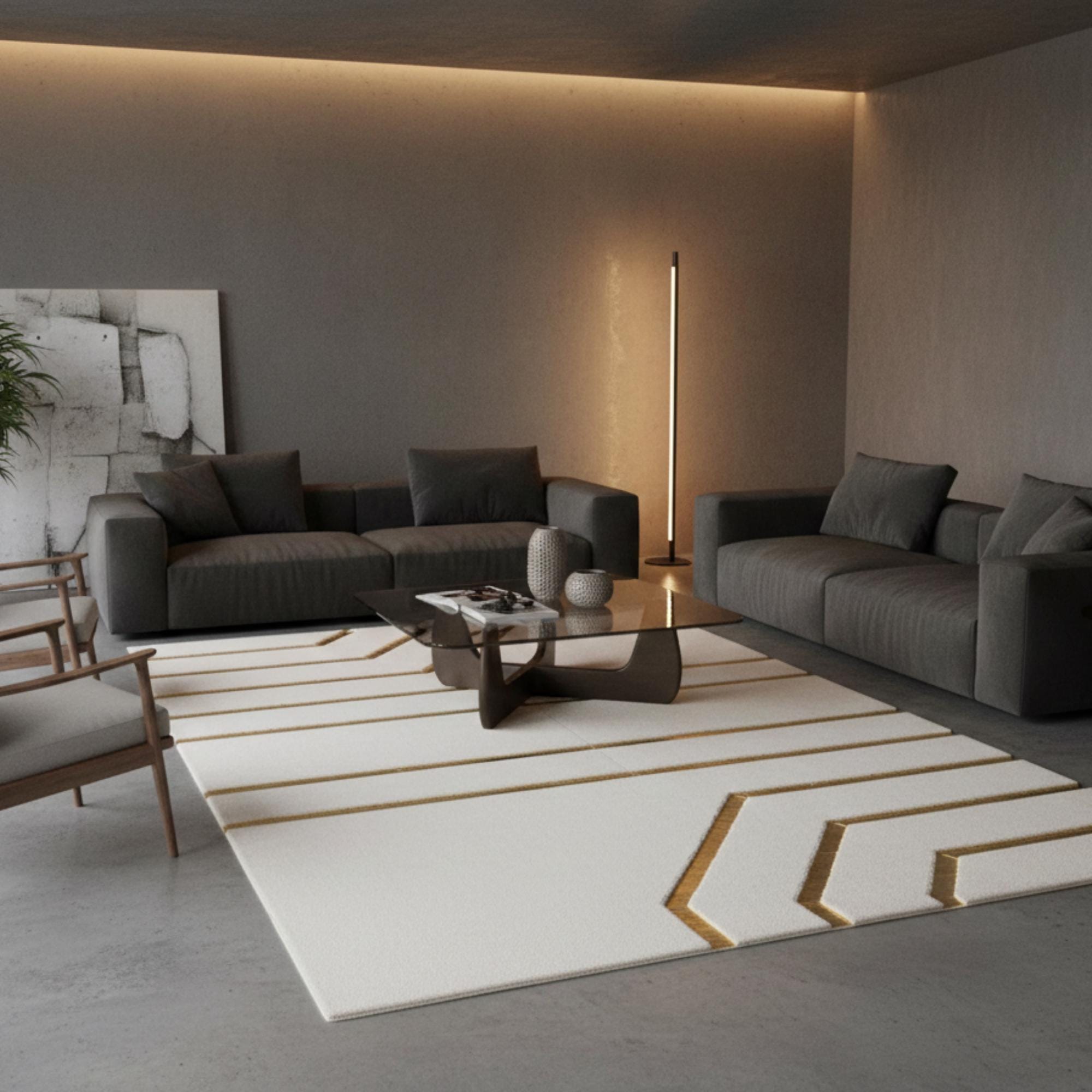 Beyaz Zeminli Altın Geometrik Çizgi Detaylı Peluş Halı – Yumuşak Dokulu