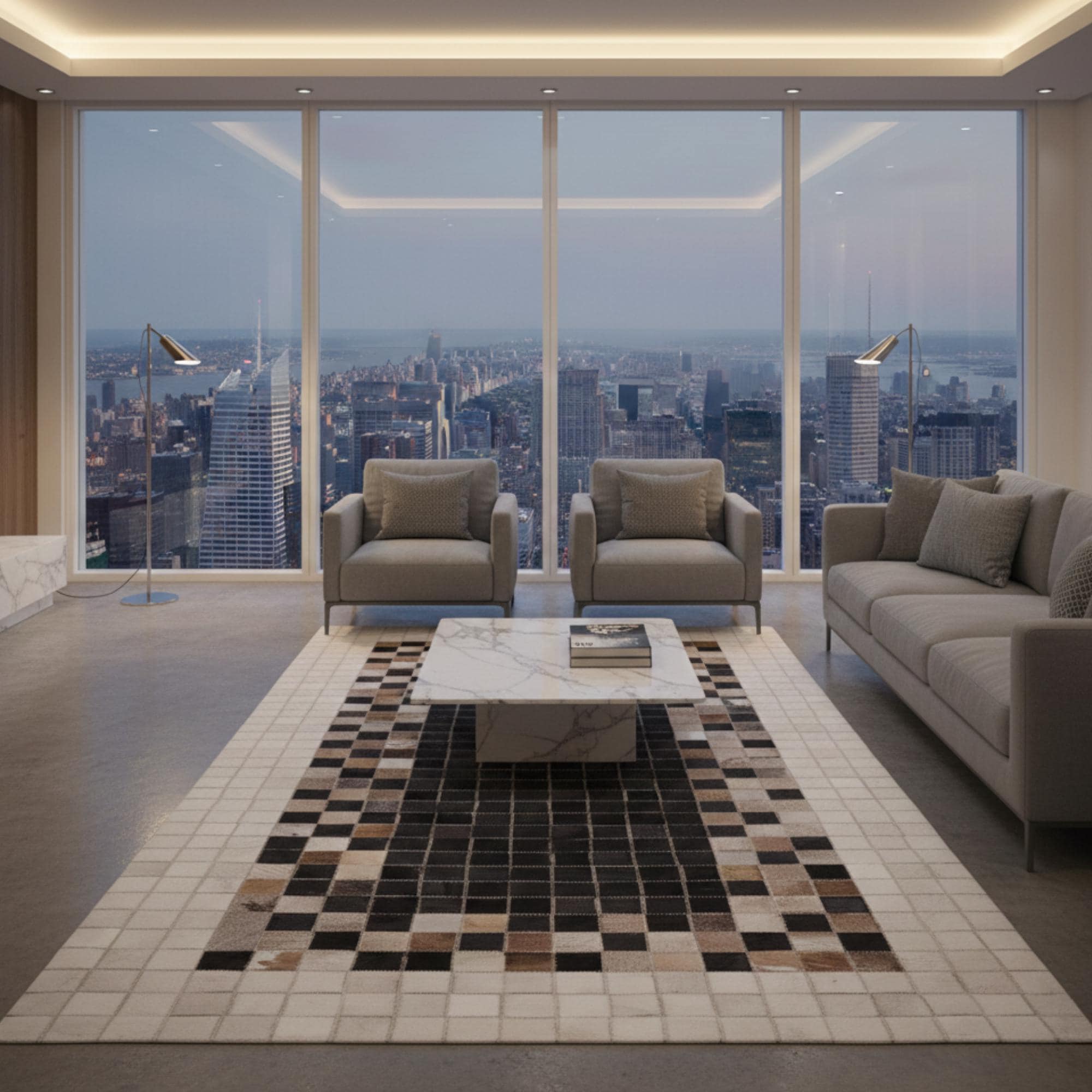 Siyah ve Krem Tonlu Dana Derisi Patchwork Halı – El Yapımı Doğal Deri Dekoratif Halı