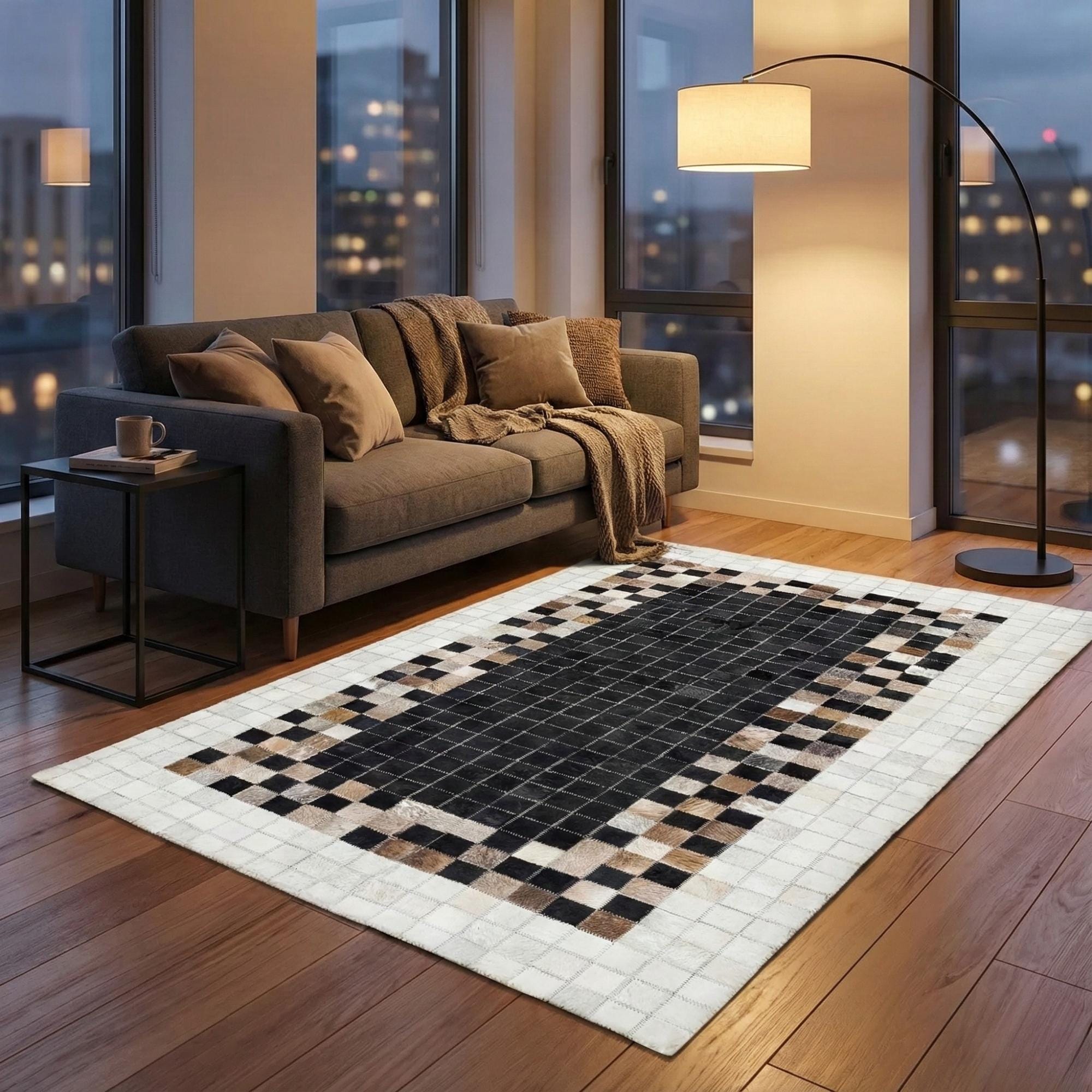 Siyah ve Krem Tonlu Dana Derisi Patchwork Halı – El Yapımı Doğal Deri Dekoratif Halı