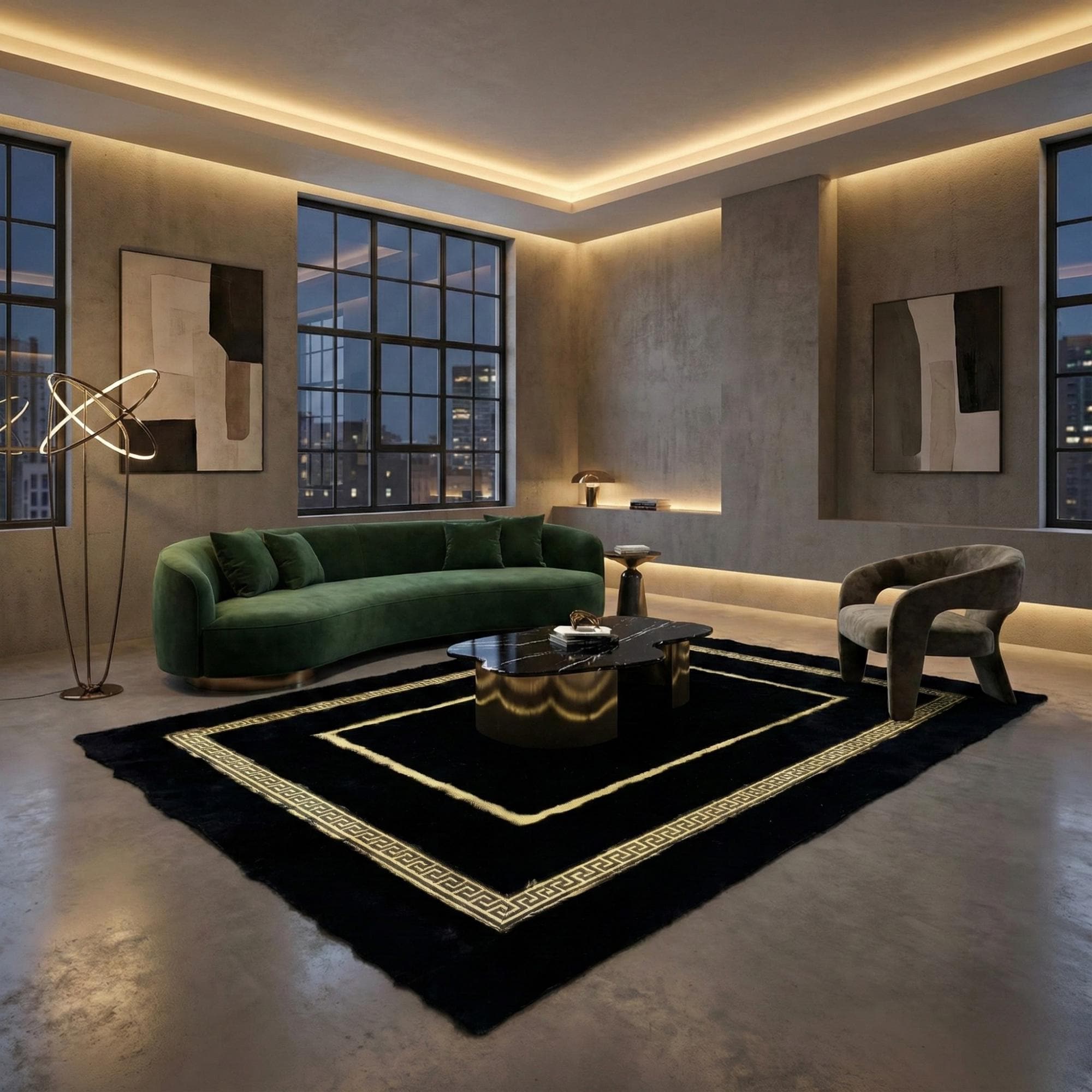 Siyah Zeminli Çift Katmanlı Altın Çerçeve Detaylı Peluş Halı