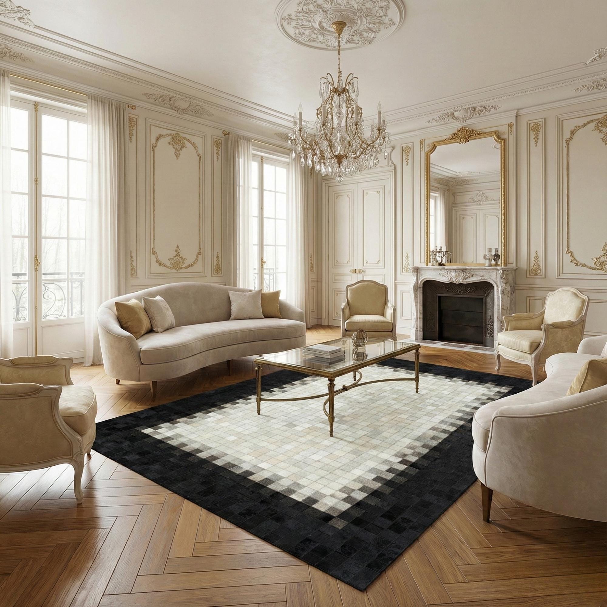 Siyah ve Beyaz Tonlu Dana Derisi Patchwork Halı – El Yapımı Doğal Deri Dekoratif Halı