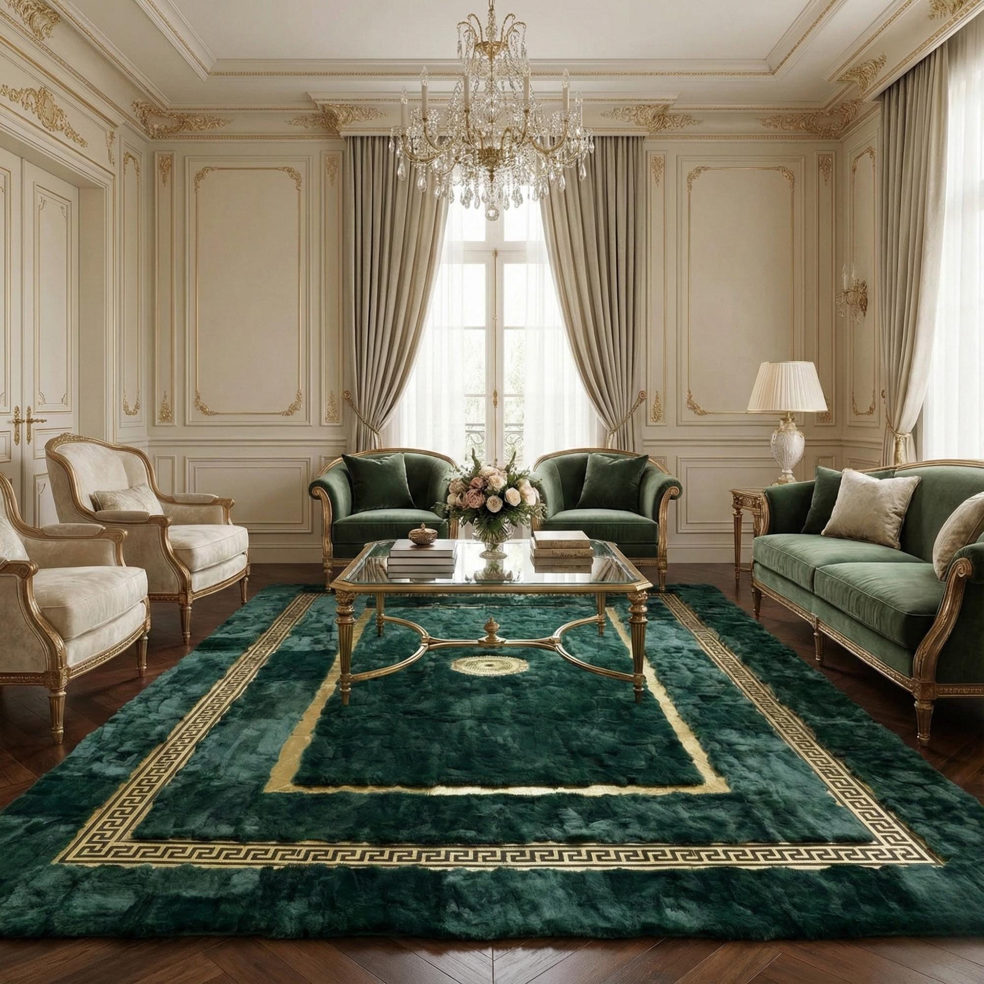 Altın Bordürlü Yeşil Rex Tavşan Kürkü Salon Halısı – Modern ve Prestijli Tasarım