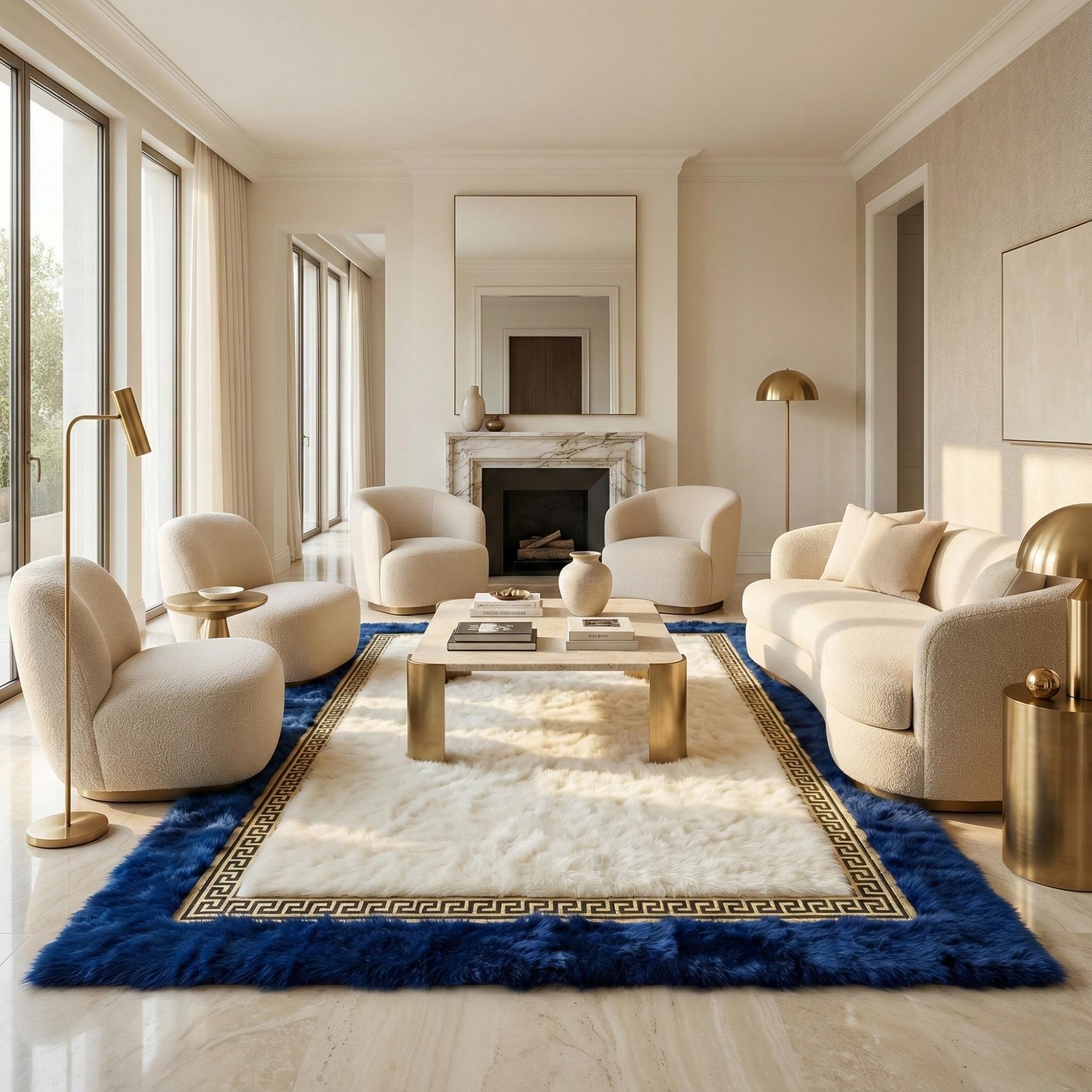 Lacivert Çerçeveli Krem Toscana Kürk Salon Halısı – Zarif ve Lüks Tasarım