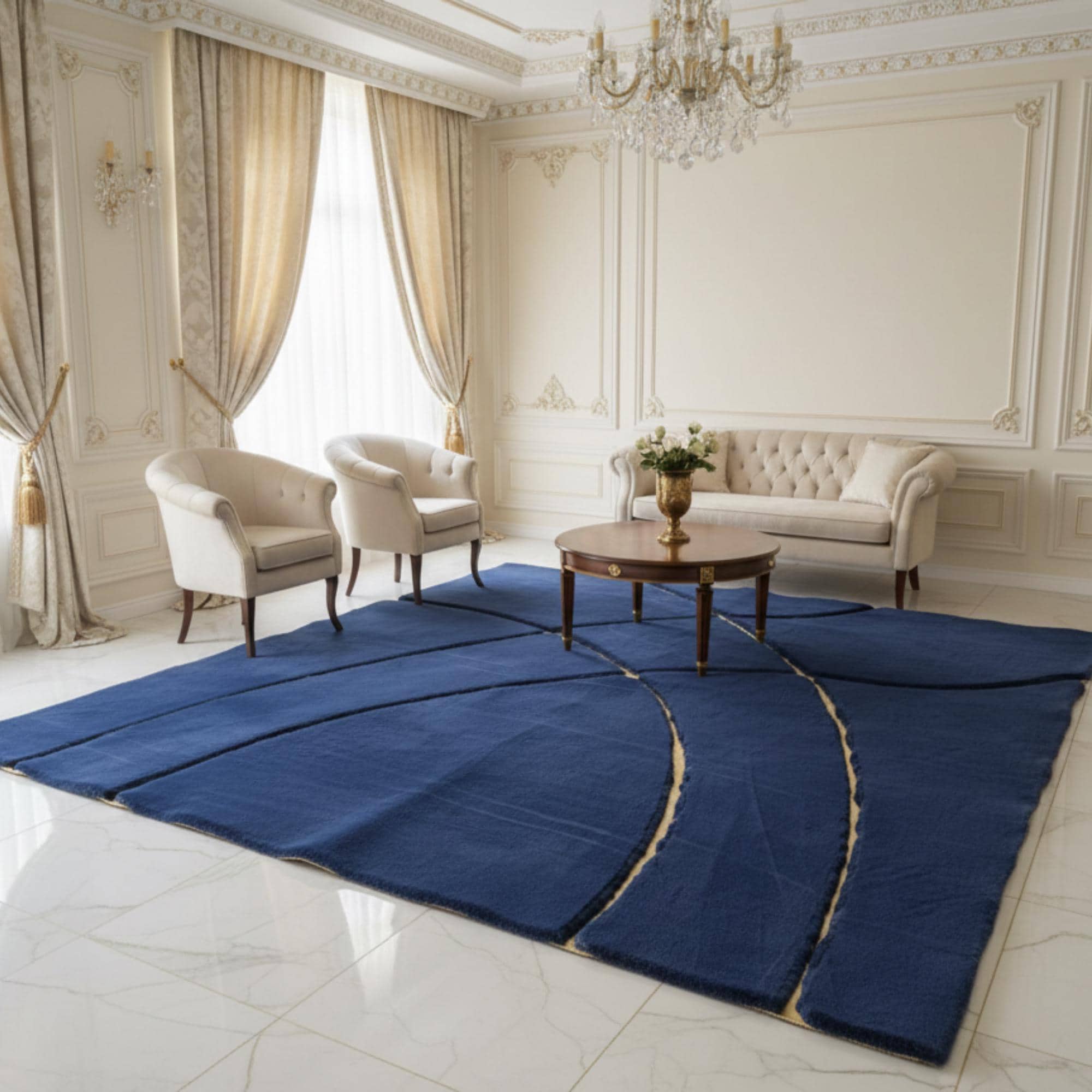 Lacivert Zeminli Altın Geometrik Desenli Peluş Halı